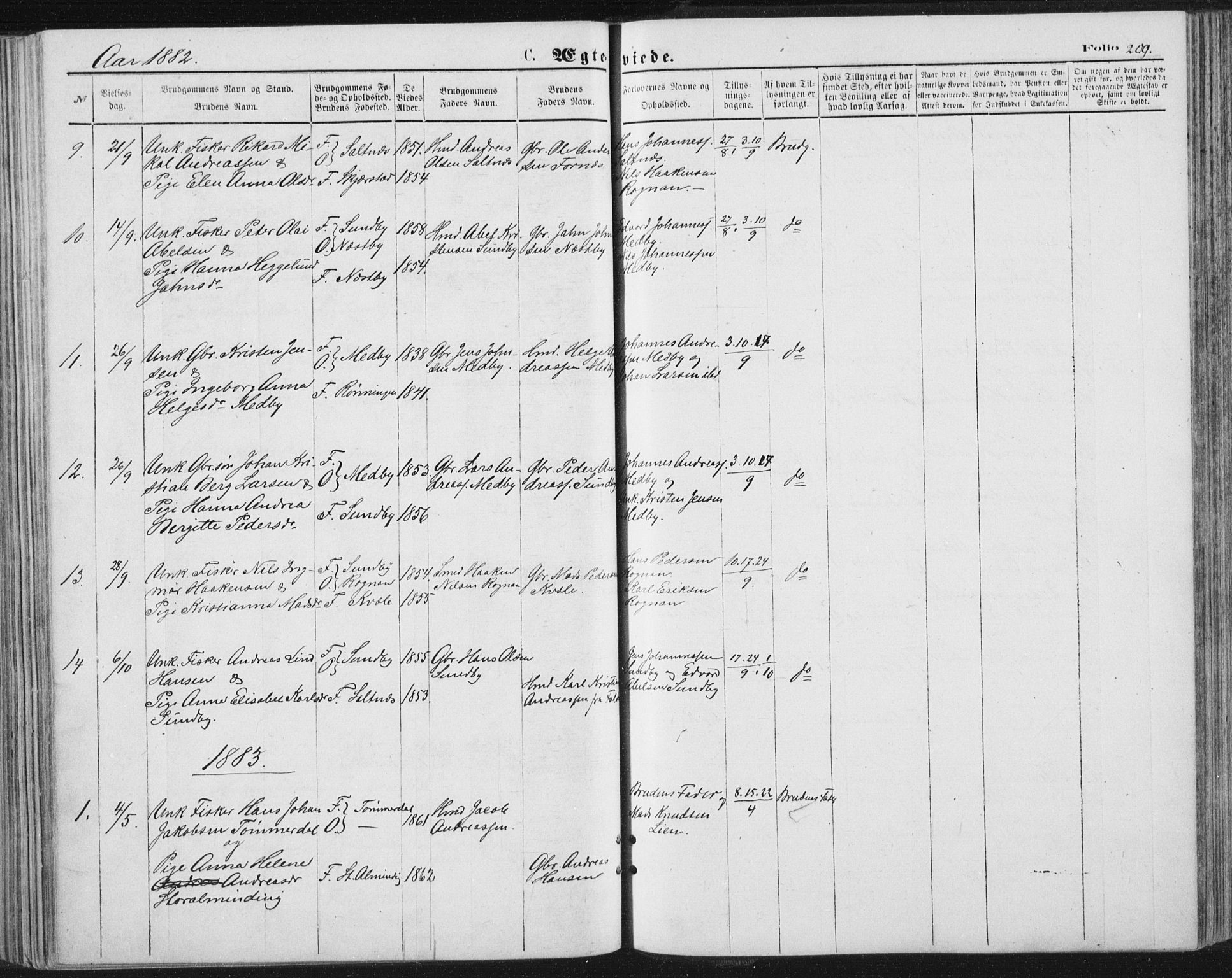 Ministerialprotokoller, klokkerbøker og fødselsregistre - Nordland, AV/SAT-A-1459/847/L0668: Ministerialbok nr. 847A08, 1872-1886, s. 209