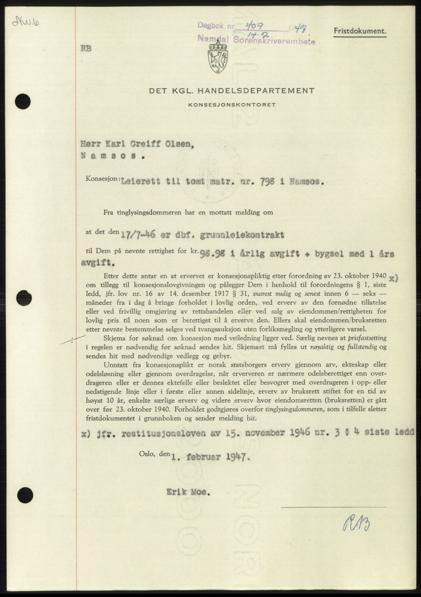 Namdal sorenskriveri, SAT/A-4133/1/2/2C: Pantebok nr. -, 1946-1947, Dagboknr: 409/1947