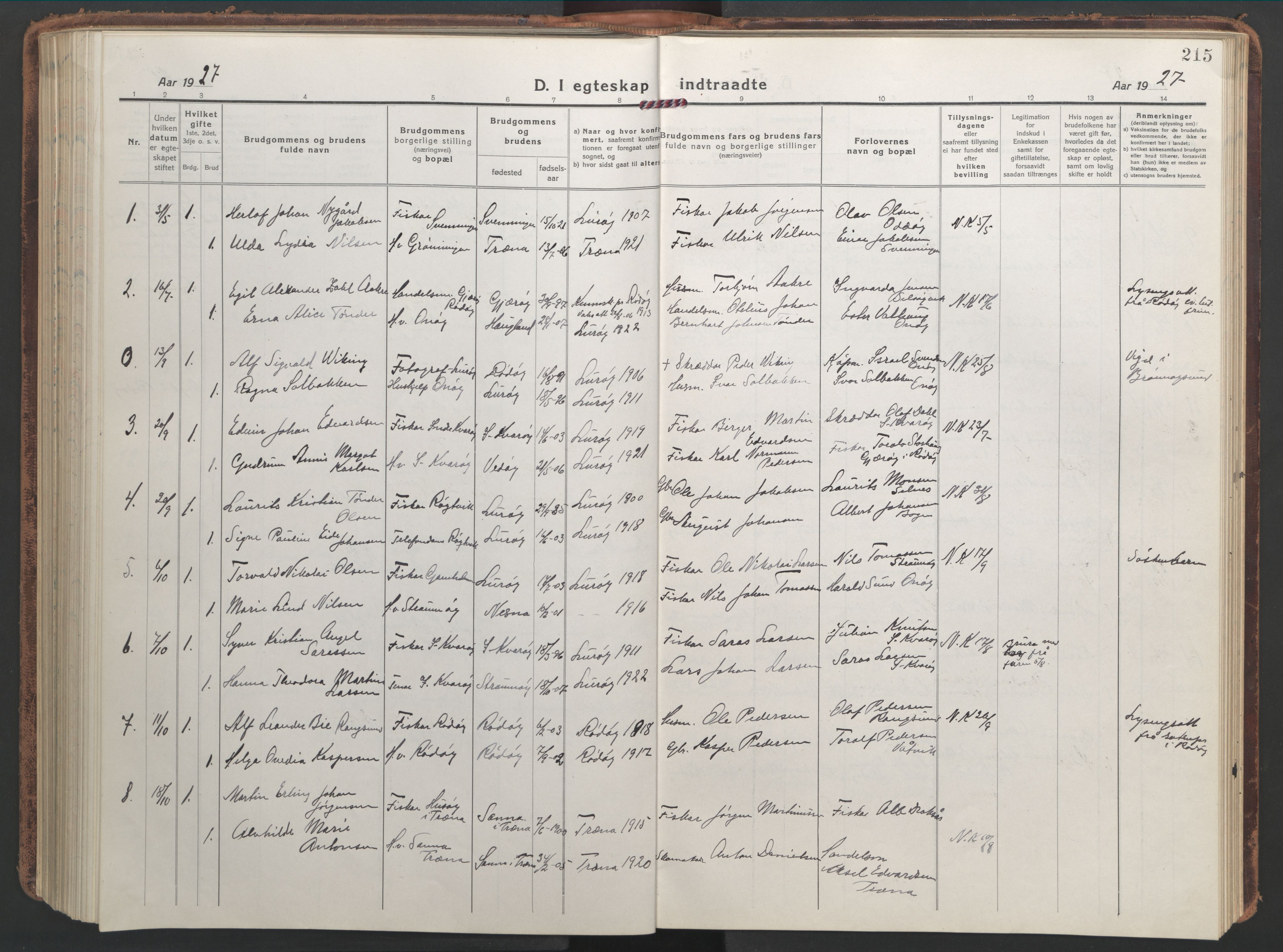 Ministerialprotokoller, klokkerbøker og fødselsregistre - Nordland, AV/SAT-A-1459/839/L0574: Klokkerbok nr. 839C04, 1918-1950, s. 215