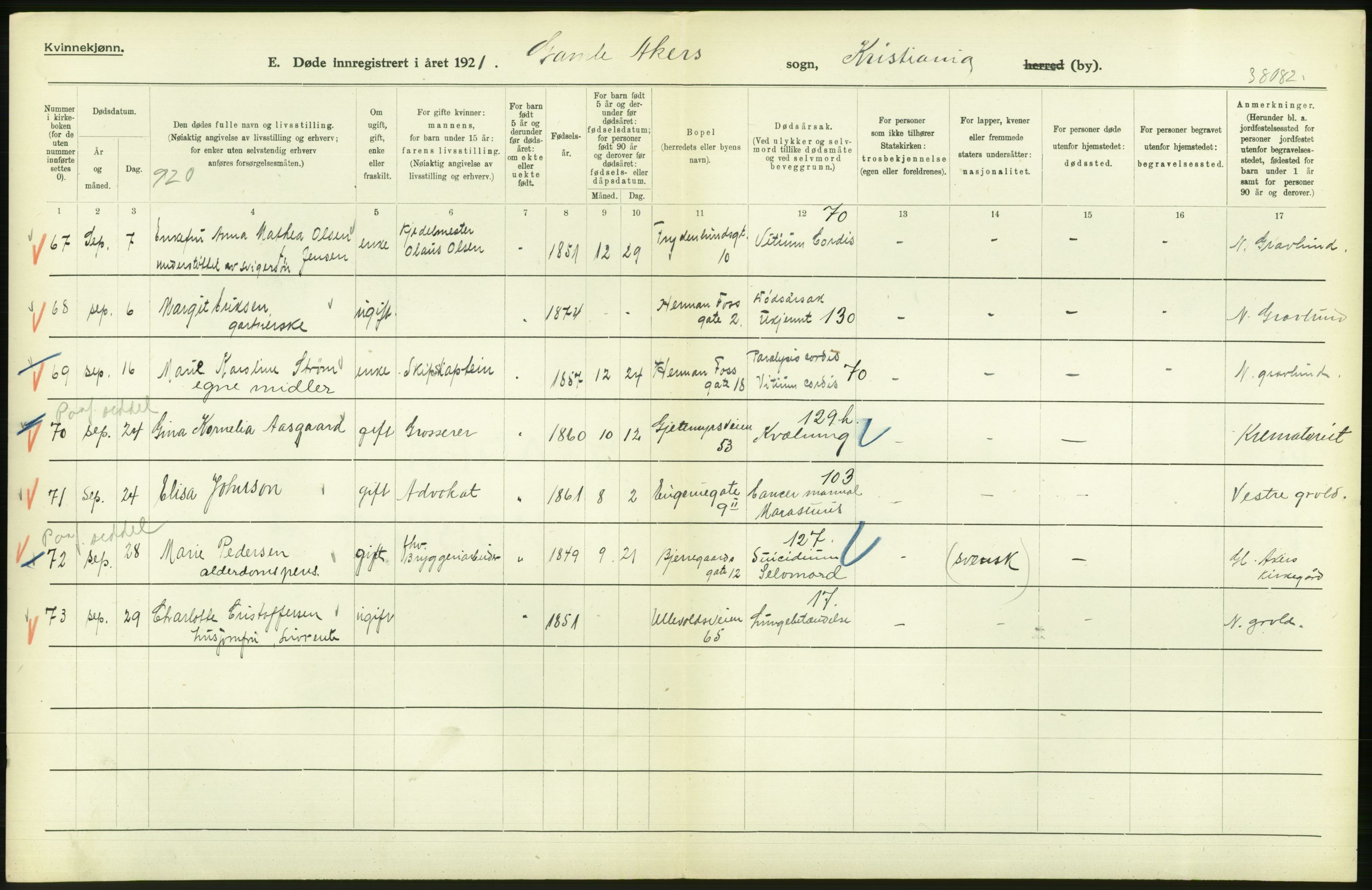 Statistisk sentralbyrå, Sosiodemografiske emner, Befolkning, AV/RA-S-2228/D/Df/Dfc/Dfca/L0012: Kristiania: Døde, 1921, s. 50