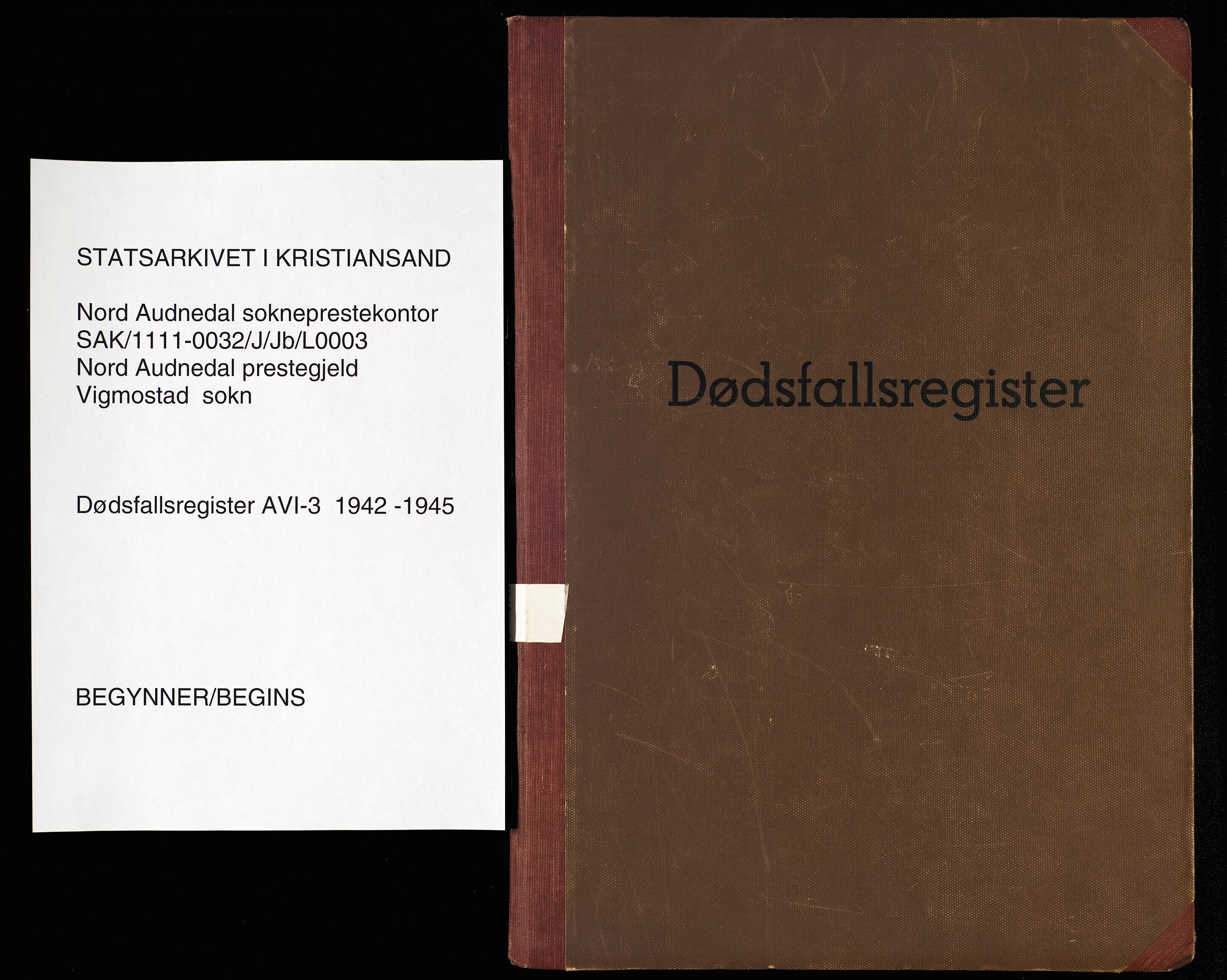 Nord-Audnedal sokneprestkontor, SAK/1111-0032/J/Jb/L0003: A-VI-3 - Dødsfallsregister Vigmostad, 1943-1945