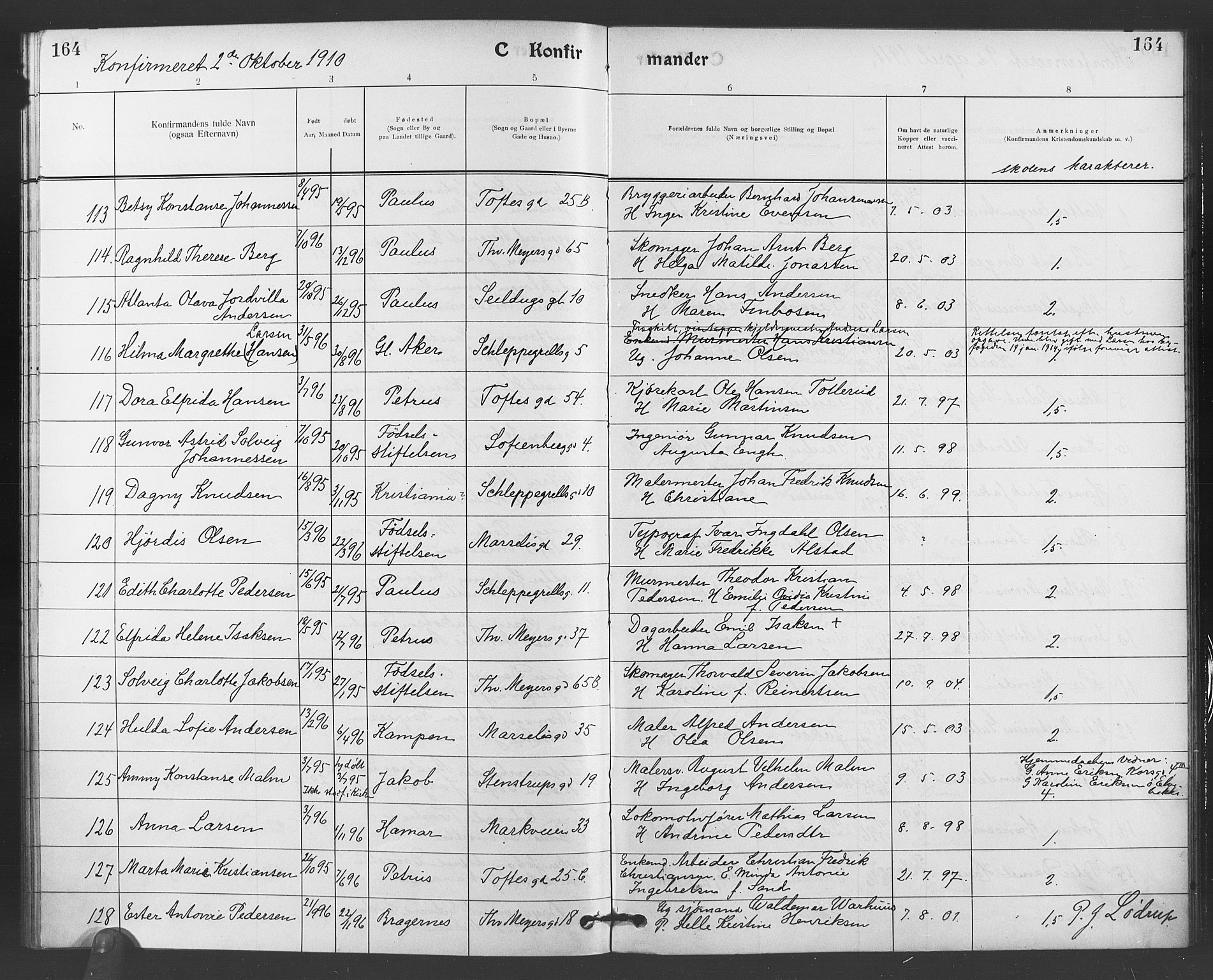 Paulus prestekontor Kirkebøker, AV/SAO-A-10871/F/Fa/L0008: Ministerialbok nr. 8, 1904-1912, s. 164