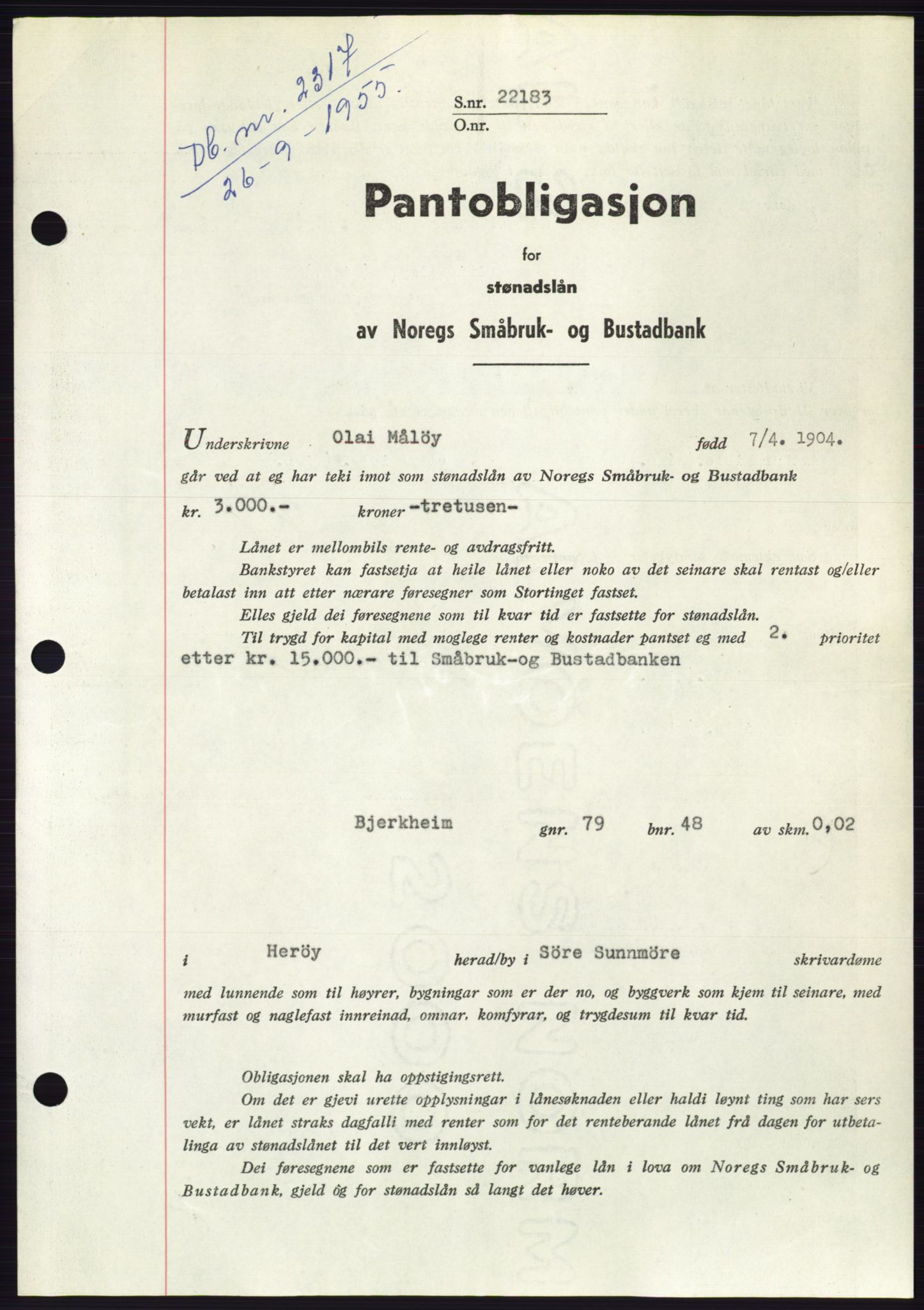 Søre Sunnmøre sorenskriveri, SAT/A-4122/1/2/2C/L0127: Pantebok nr. 15B, 1955-1955, Dagboknr: 2317/1955