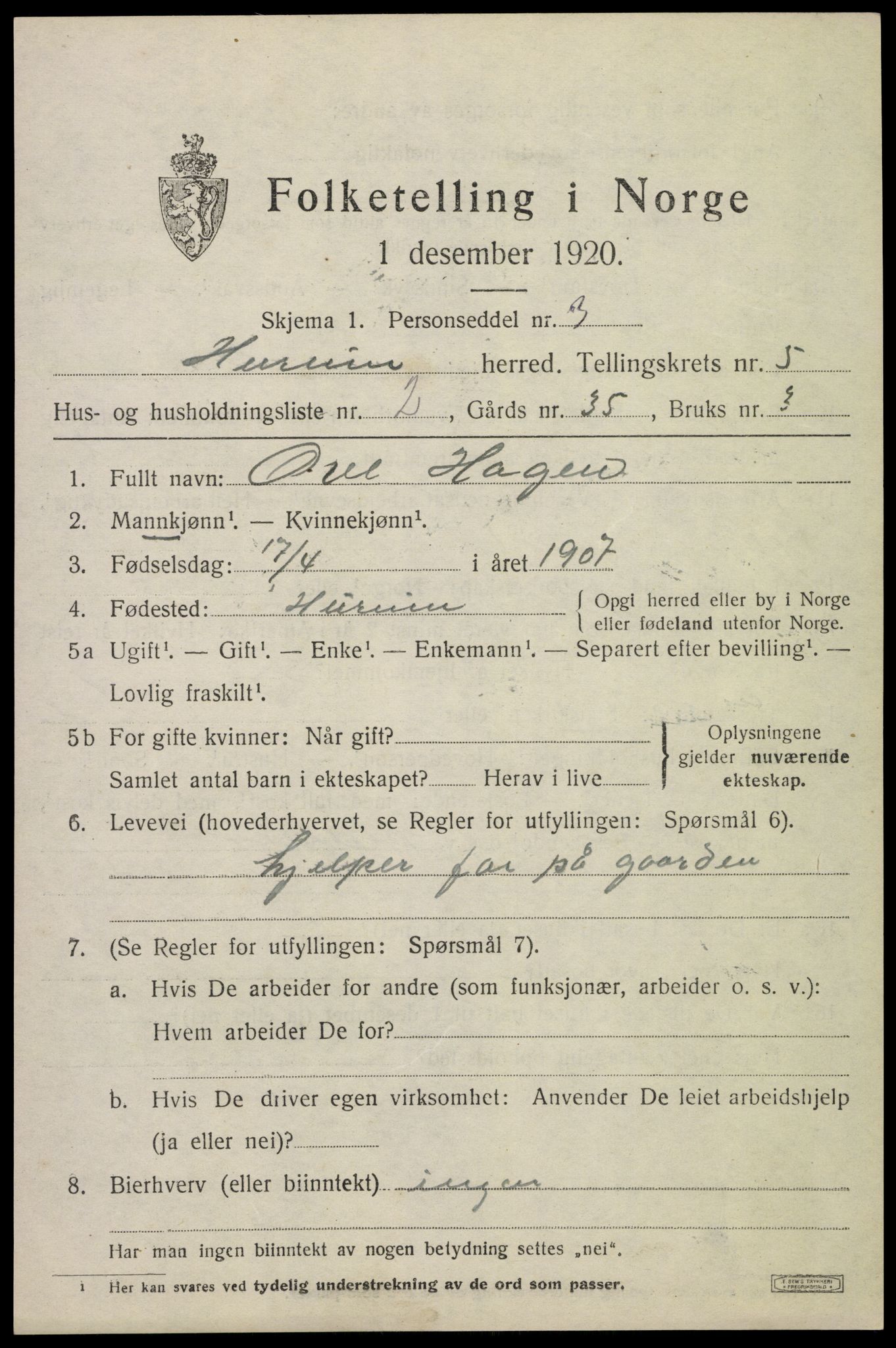 SAKO, Folketelling 1920 for 0628 Hurum herred, 1920, s. 6116