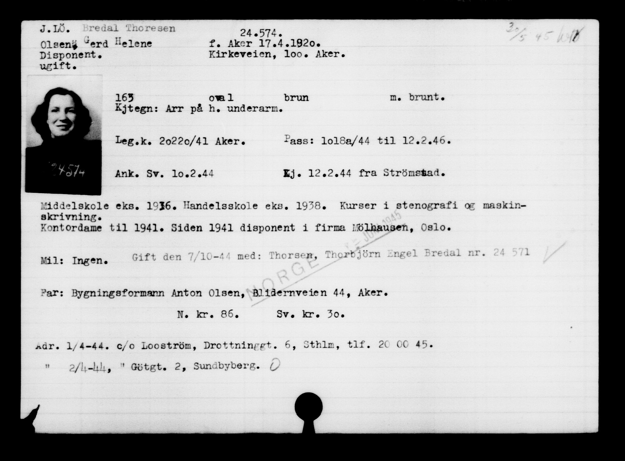 Utenriksstasjonene, Legasjonen i Stockholm, Flyktningkontoret, AV/RA-S-6753/V/Va/L0010: Kjesäterkartoteket, flyktninger med registreringsnr. 22000-25314, 1940-1945, s. 2714
