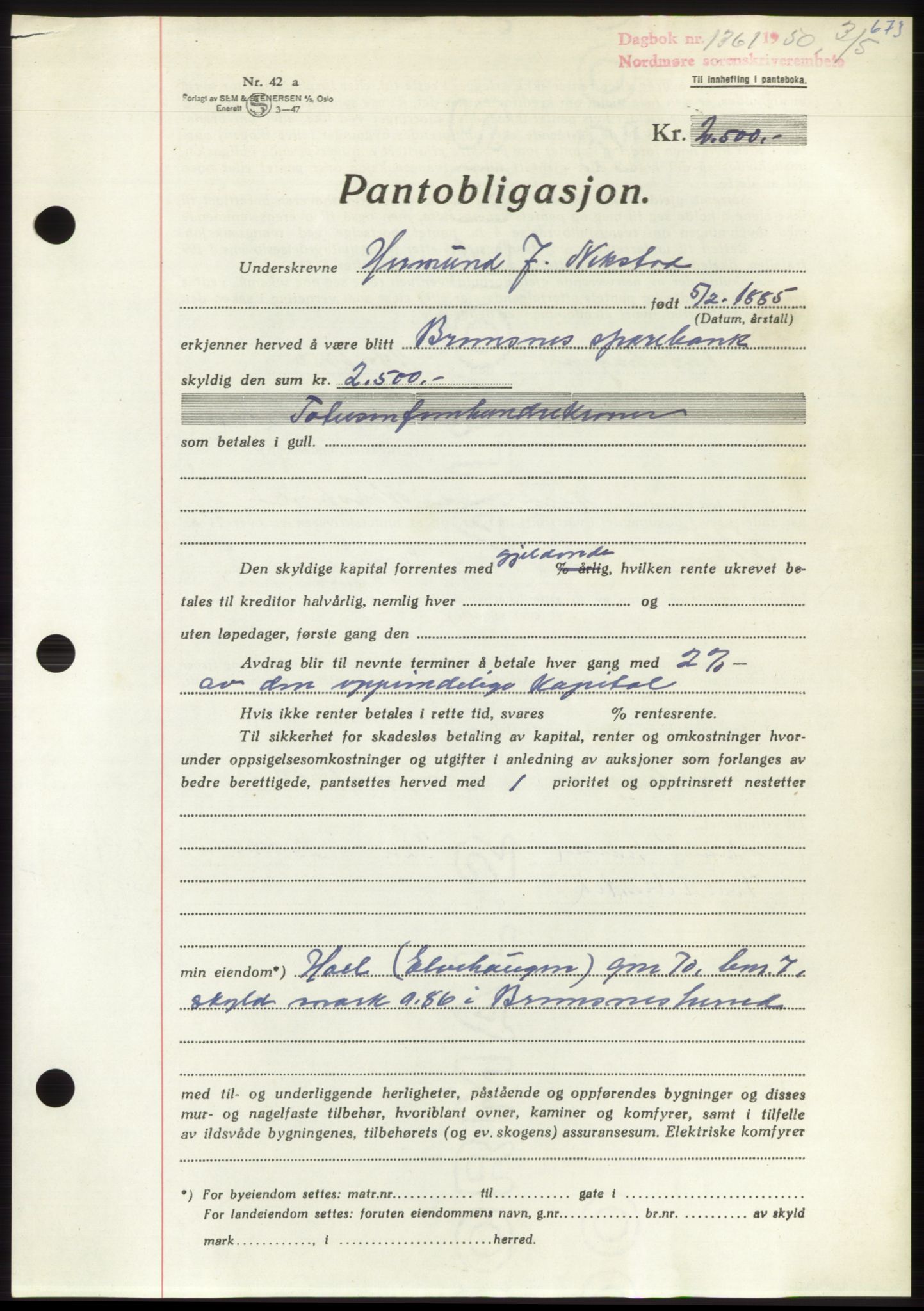 Nordmøre sorenskriveri, SAT/A-4132/1/2/2Ca: Pantebok nr. B104, 1950-1950, Dagboknr: 1361/1950