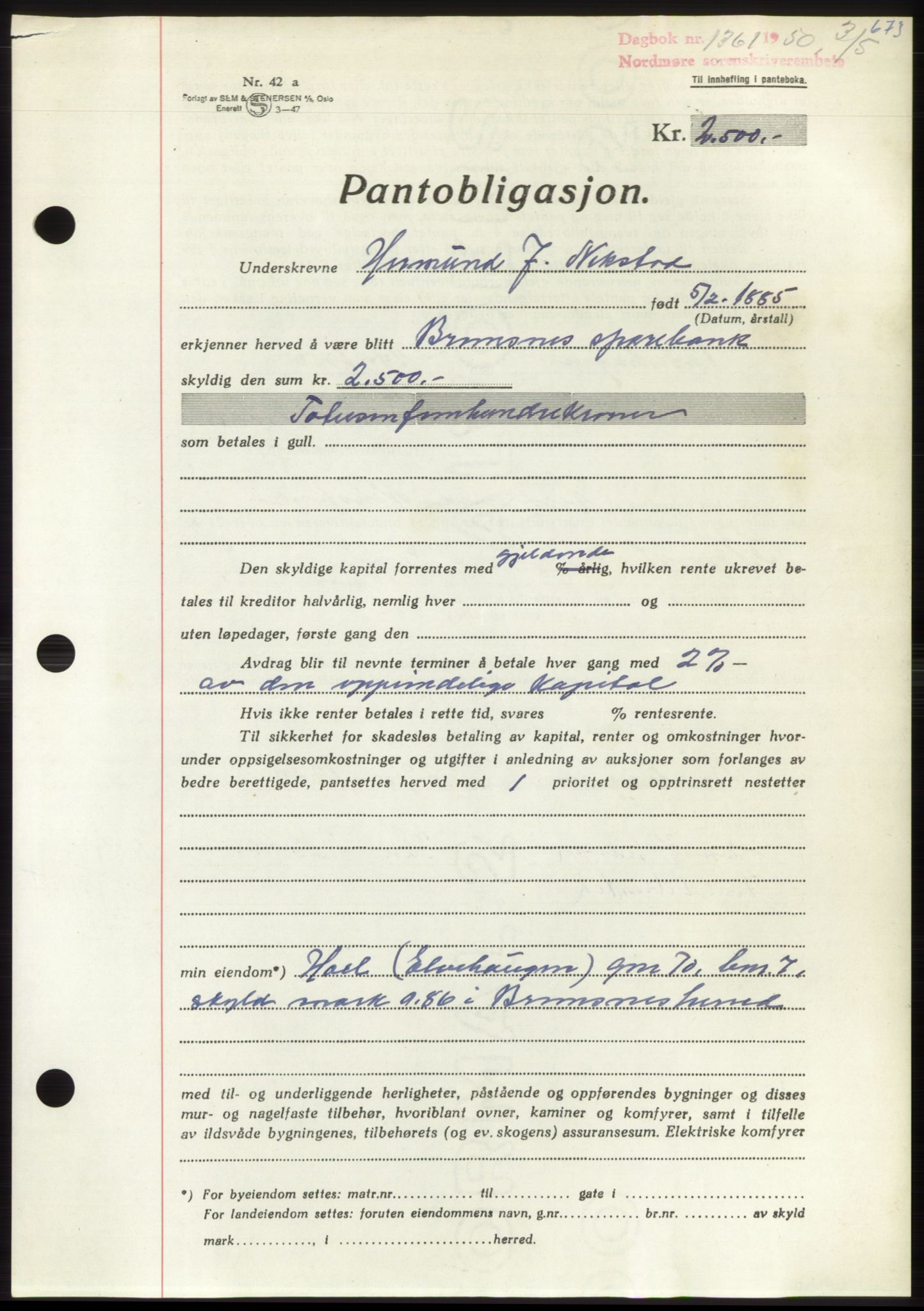 Nordmøre sorenskriveri, AV/SAT-A-4132/1/2/2Ca: Pantebok nr. B104, 1950-1950, Dagboknr: 1361/1950