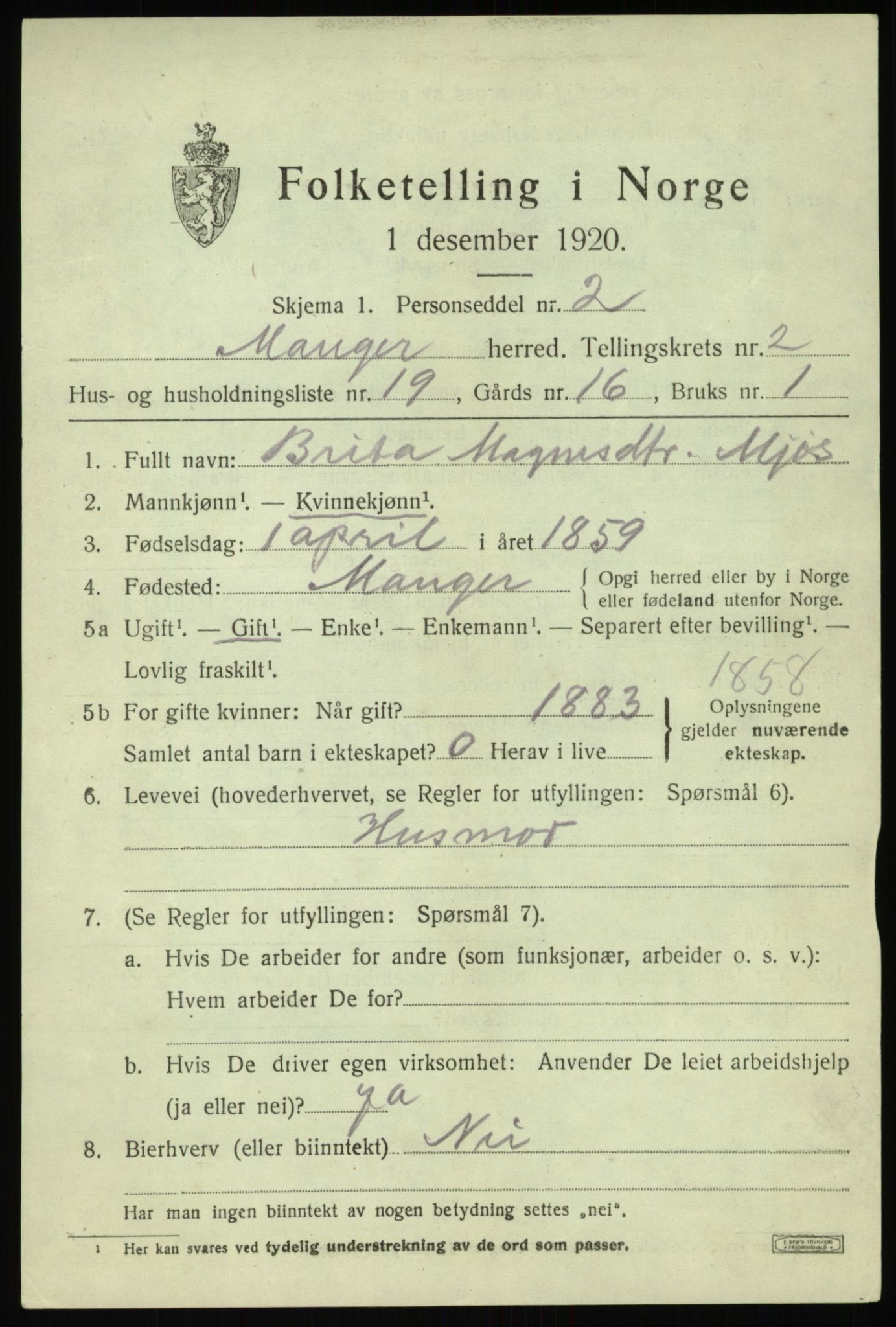 SAB, Folketelling 1920 for 1261 Manger herred, 1920, s. 2197
