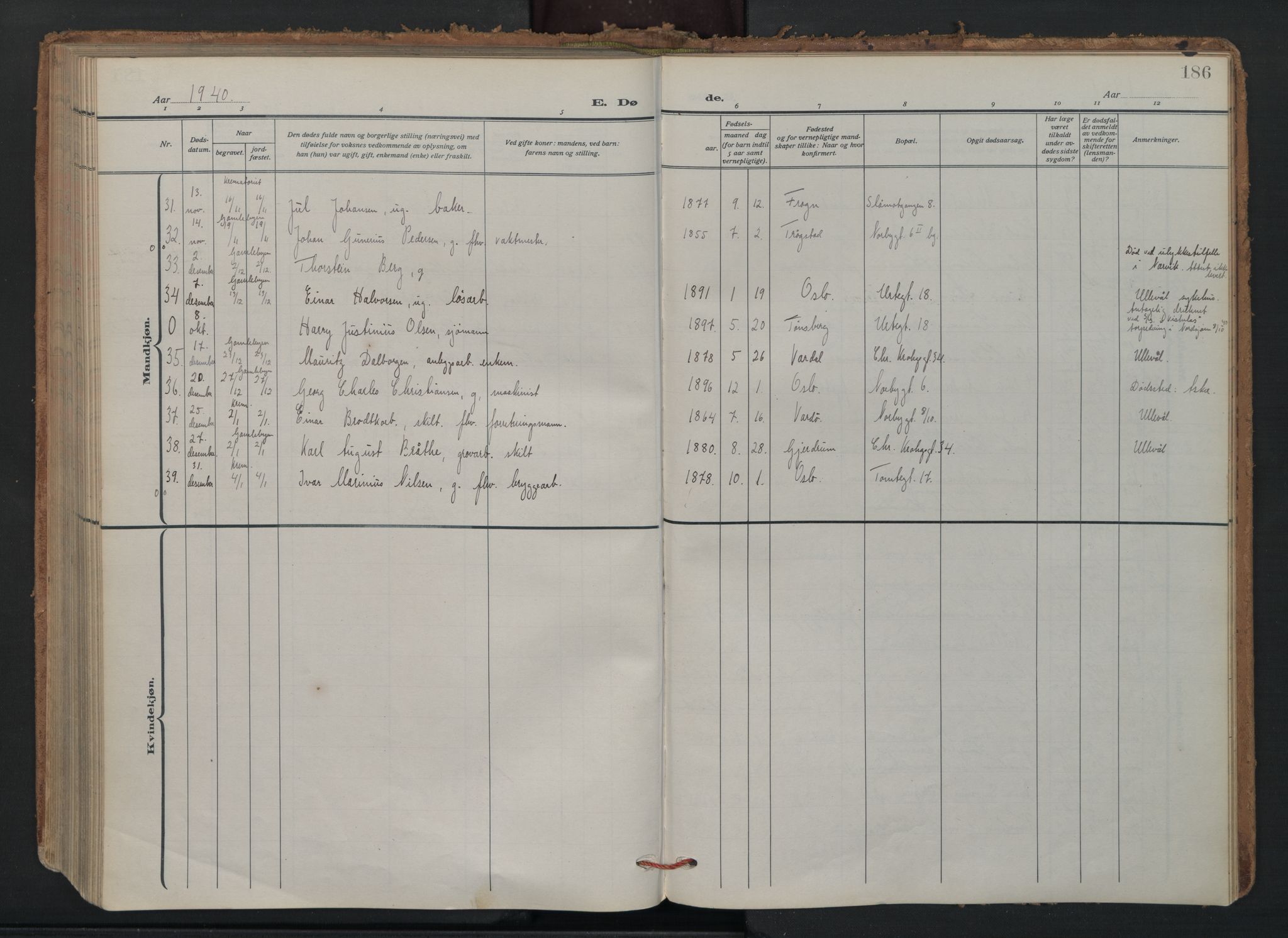 Vaterland prestekontor Kirkebøker, AV/SAO-A-10880/F/Fa/L0003: Ministerialbok nr. 3, 1922-1944, s. 186