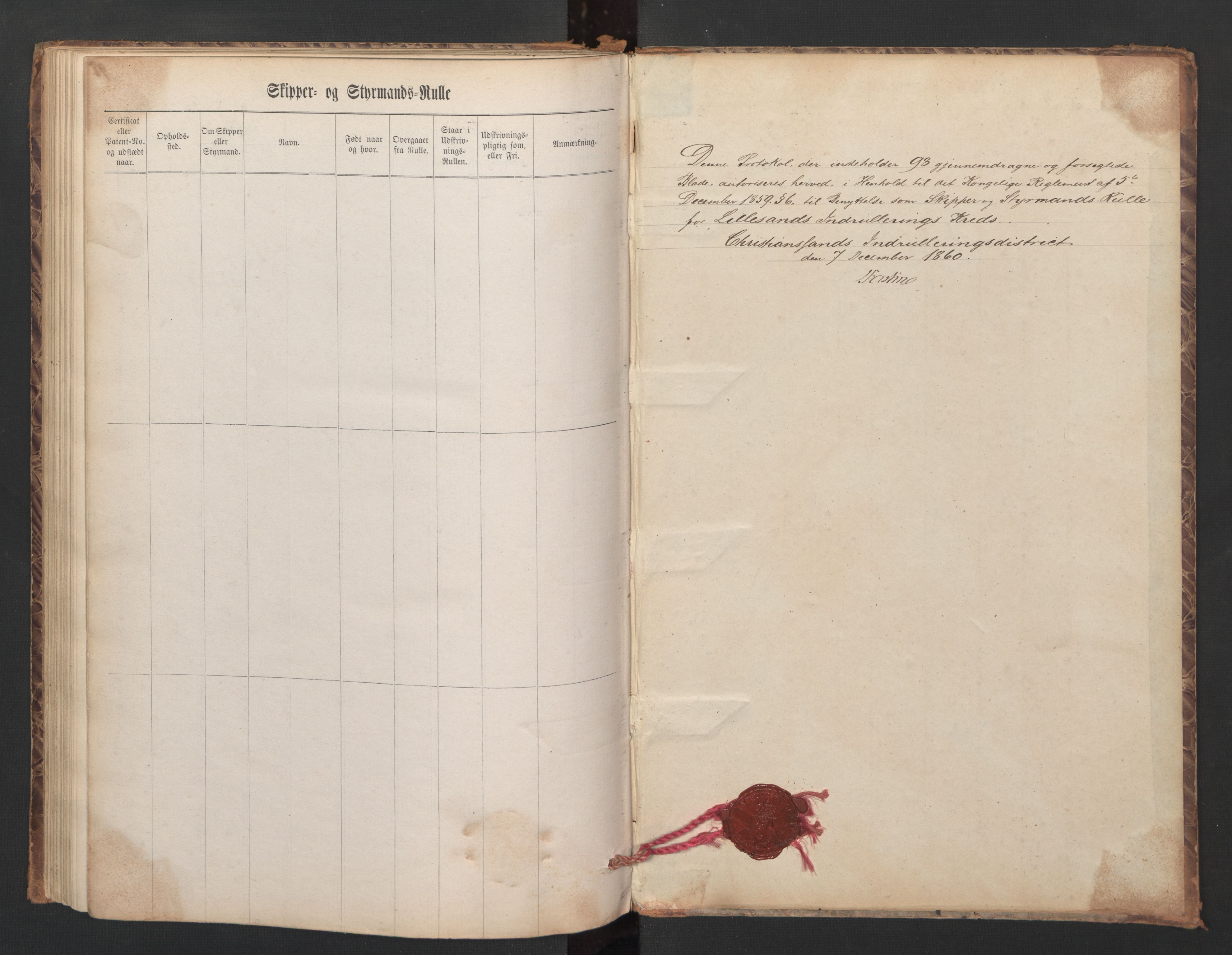 Lillesand mønstringskrets, SAK/2031-0014/F/Fc/L0001: Skipper- og styrmannsrulle nr 1-251 med register, W-21, 1860-1868, s. 98