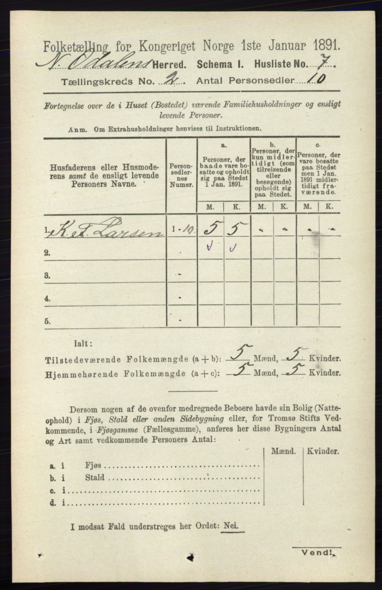 RA, Folketelling 1891 for 0418 Nord-Odal herred, 1891, s. 385