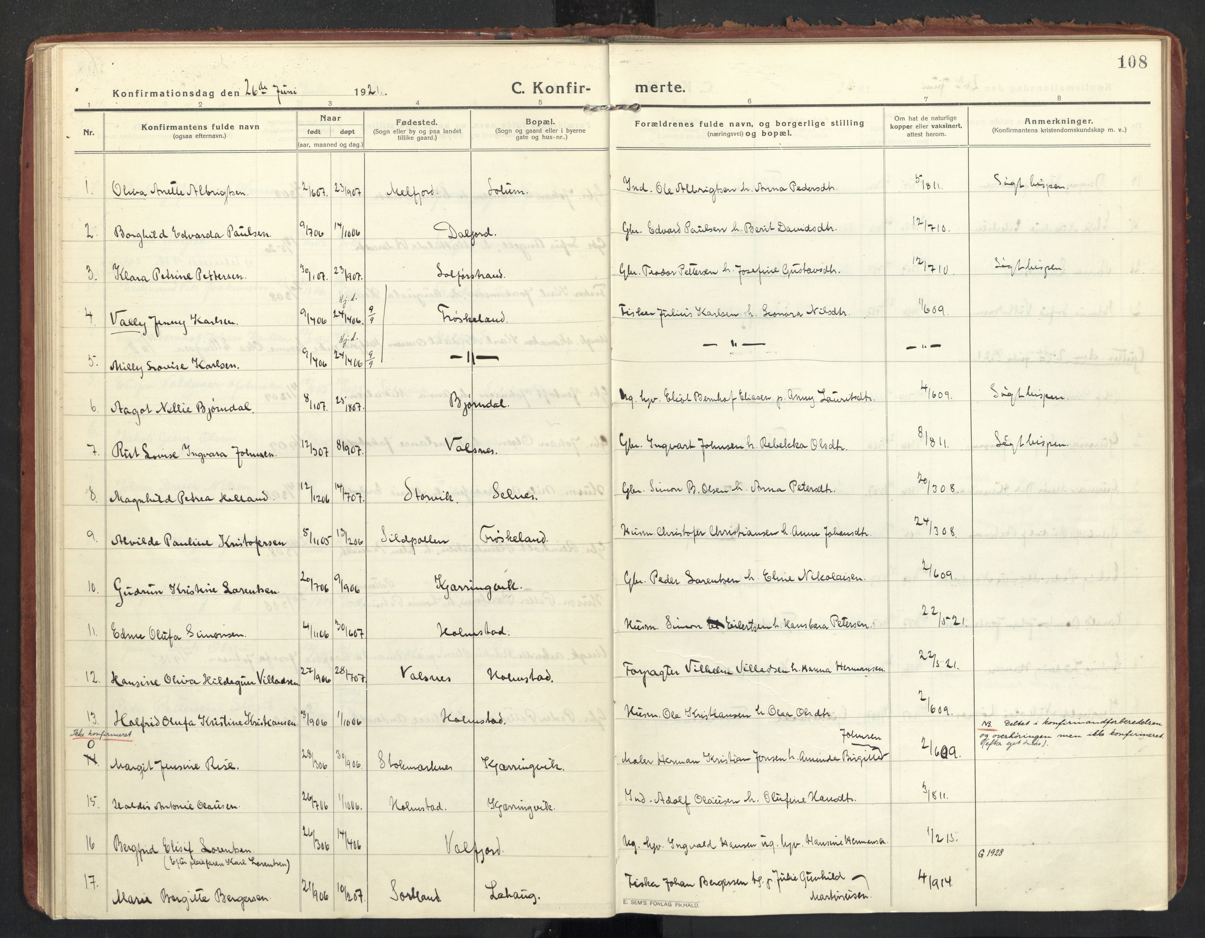 Ministerialprotokoller, klokkerbøker og fødselsregistre - Nordland, AV/SAT-A-1459/890/L1288: Ministerialbok nr. 890A03, 1915-1925, s. 108