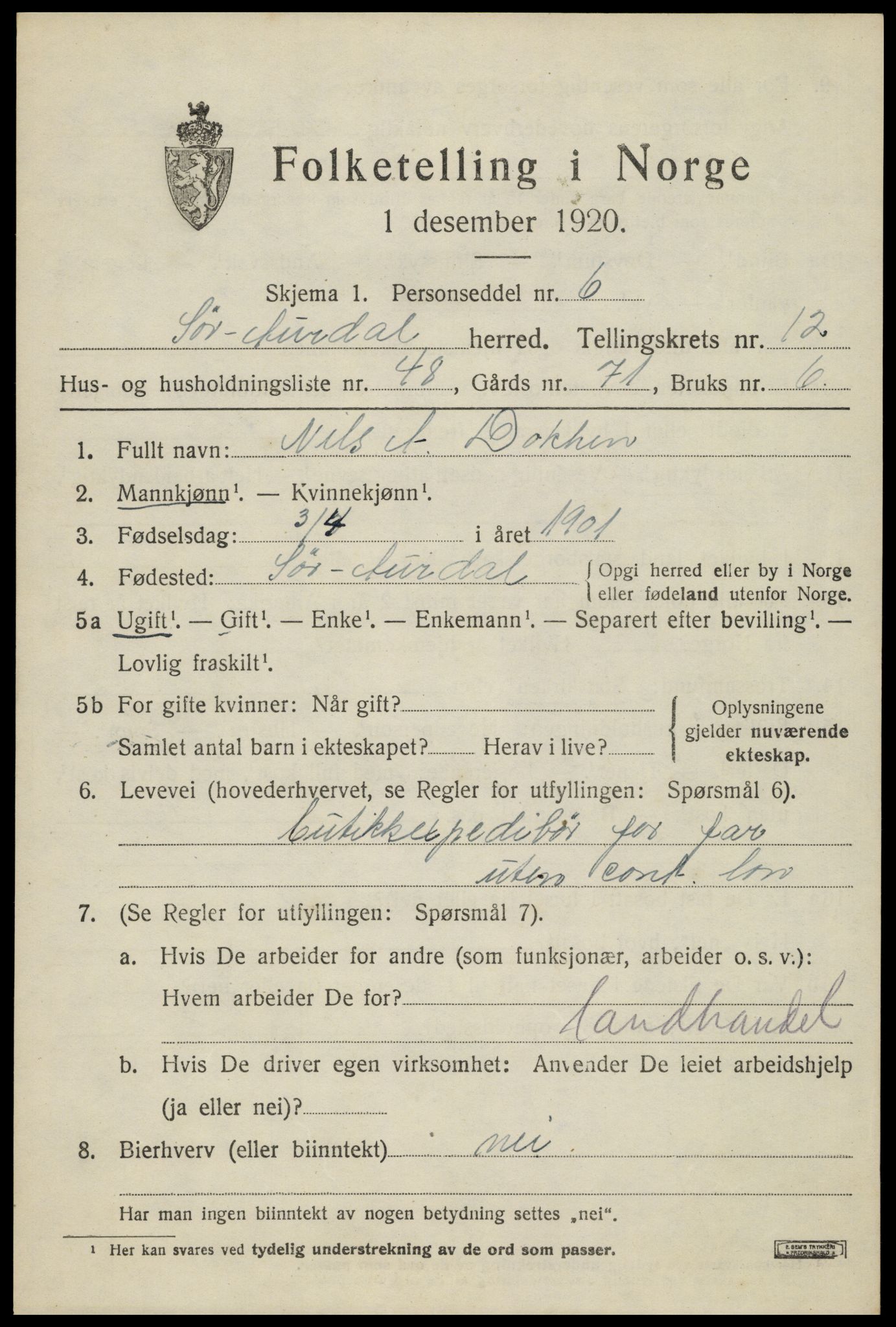 SAH, Folketelling 1920 for 0540 Sør-Aurdal herred, 1920, s. 7407