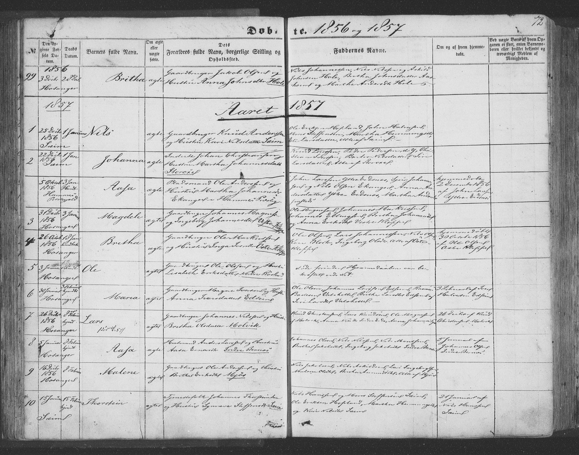 Hosanger sokneprestembete, AV/SAB-A-75801/H/Haa: Ministerialbok nr. A 8, 1849-1863, s. 72