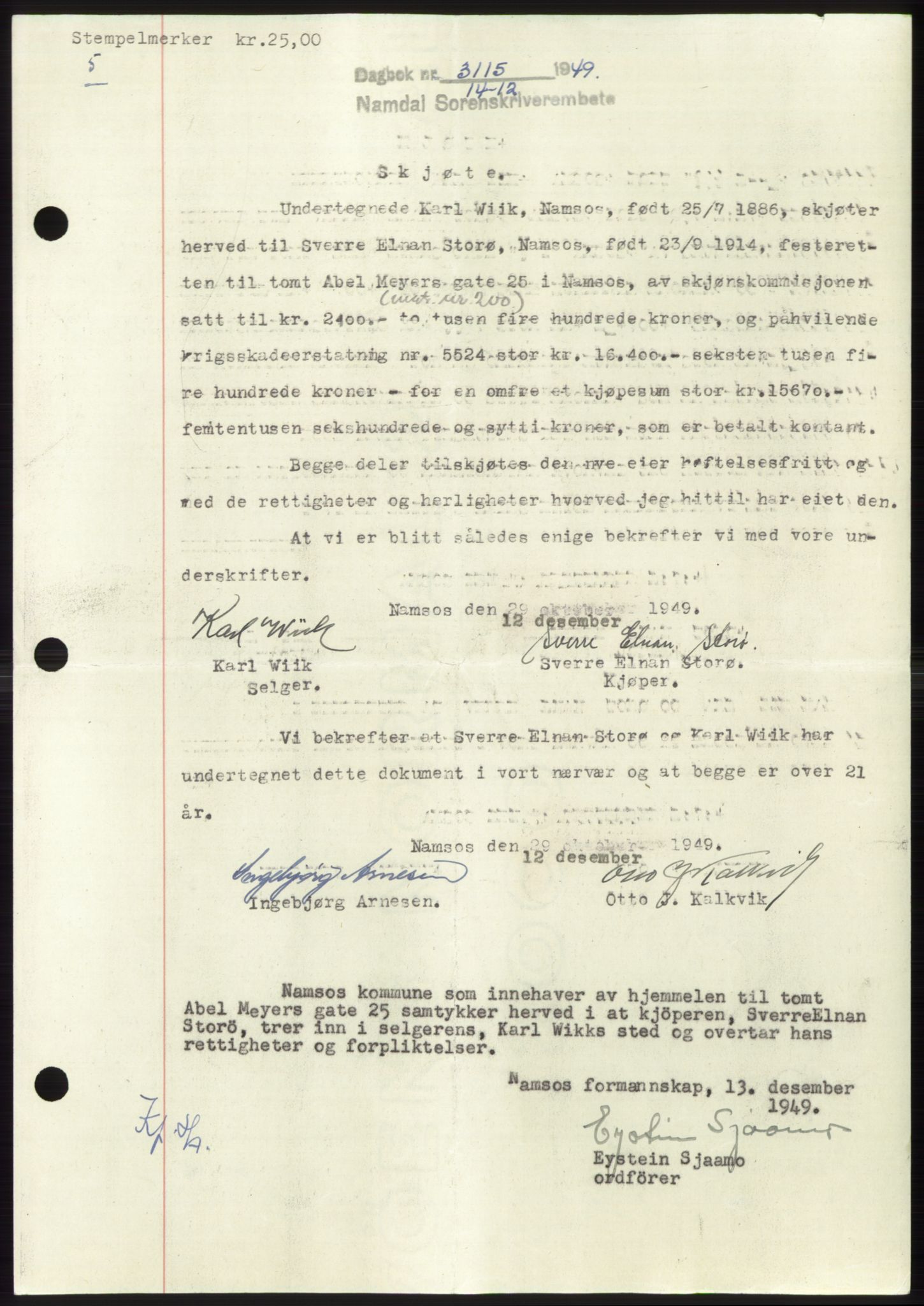 Namdal sorenskriveri, SAT/A-4133/1/2/2C: Pantebok nr. -, 1949-1949, Dagboknr: 3115/1949