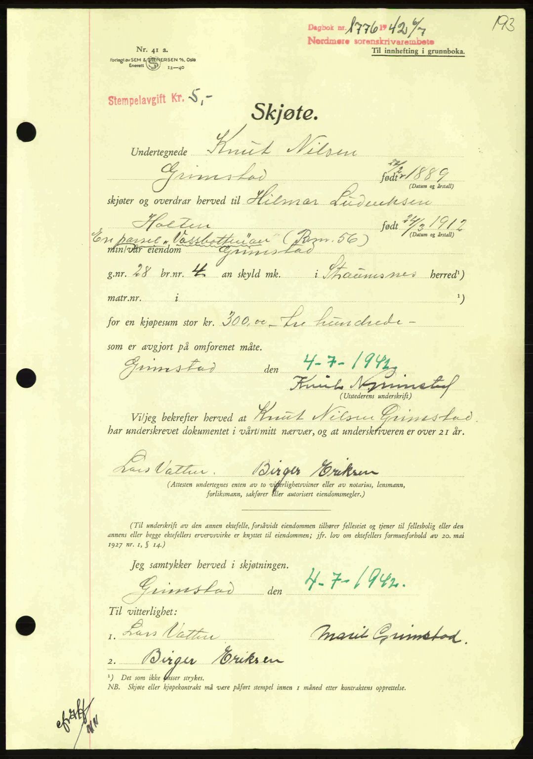 Nordmøre sorenskriveri, AV/SAT-A-4132/1/2/2Ca: Pantebok nr. A93, 1942-1942, Dagboknr: 1776/1942