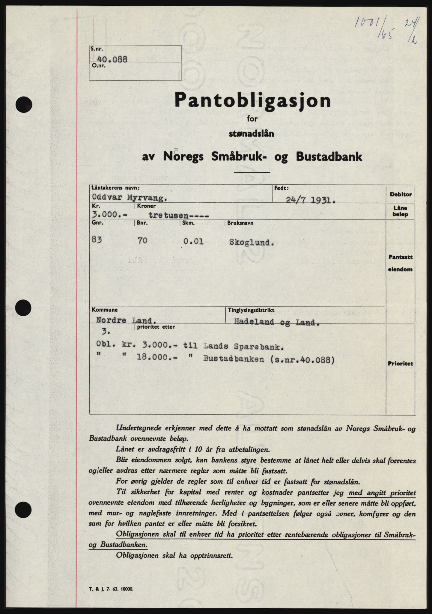 Hadeland og Land tingrett, SAH/TING-010/H/Hb/Hbc/L0058: Pantebok nr. B58, 1965-1965, Dagboknr: 1001/1965