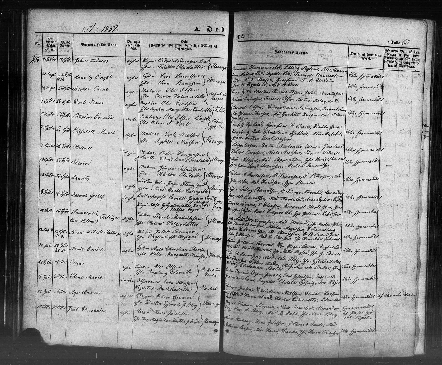 Domkirken sokneprestkontor, AV/SAST-A-101812/001/30/30BB/L0009: Klokkerbok nr. B 9, 1850-1858, s. 60