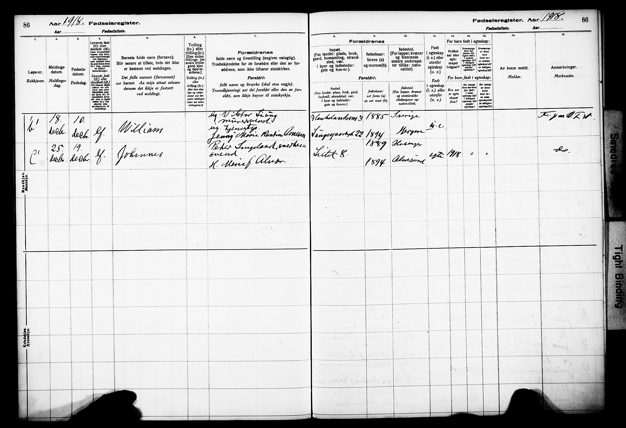 Domkirken sokneprestembete, SAB/A-74801/I/Id/L00A1: Fødselsregister nr. A 1, 1916-1923, s. 86