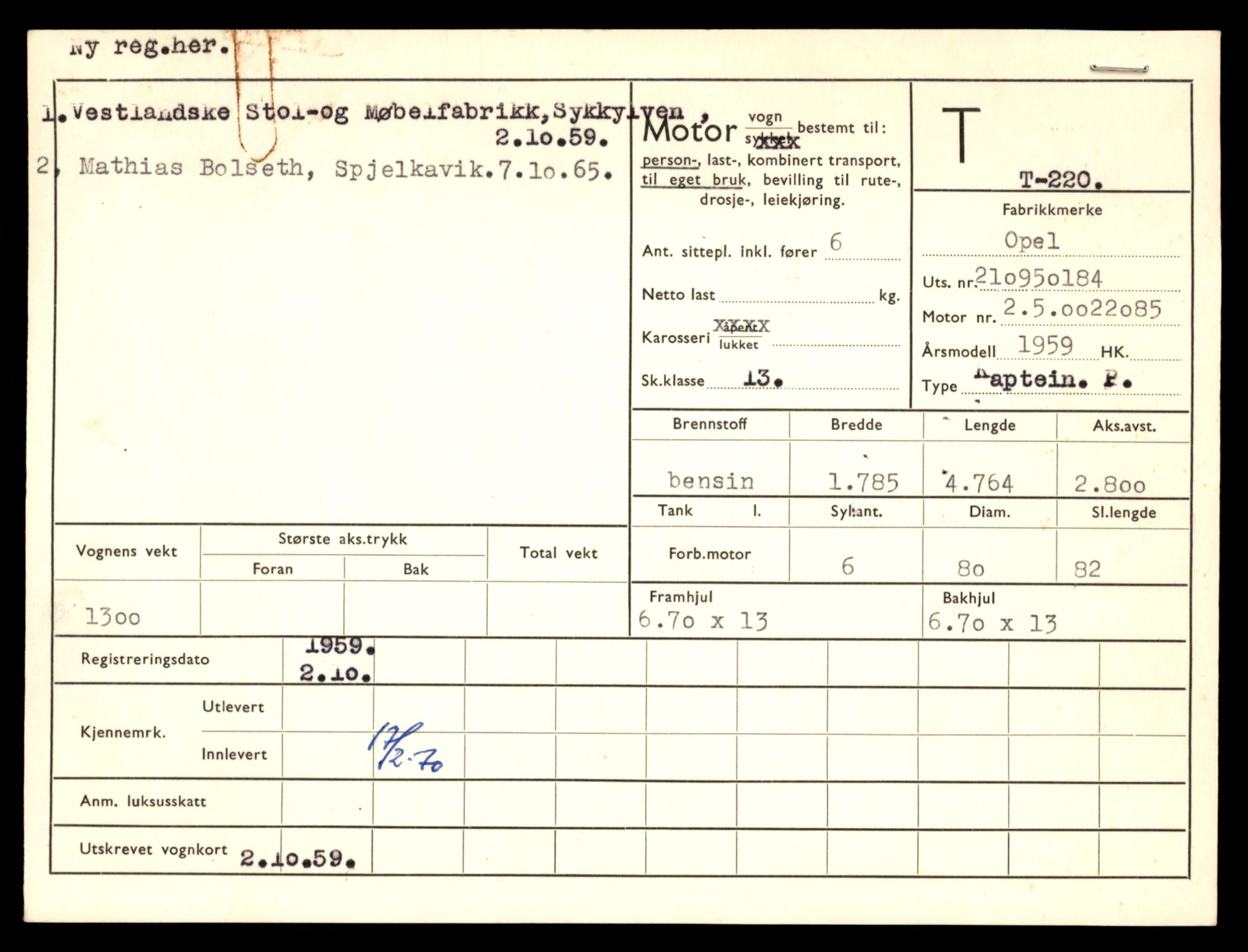 Møre og Romsdal vegkontor - Ålesund trafikkstasjon, AV/SAT-A-4099/F/Fe/L0002: Registreringskort for kjøretøy T 128 - T 231, 1927-1998, s. 2708