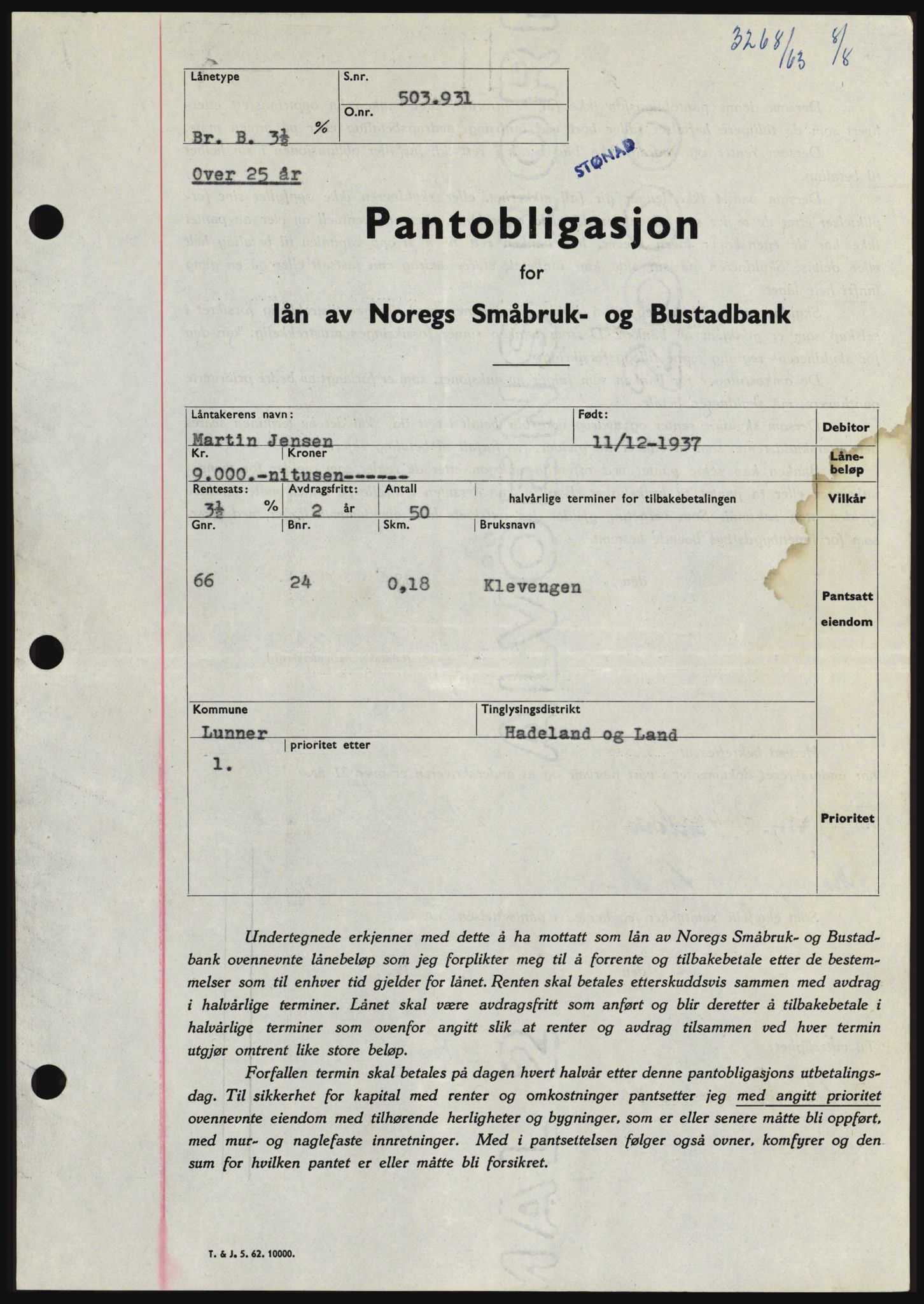 Hadeland og Land tingrett, SAH/TING-010/H/Hb/Hbc/L0052: Pantebok nr. B52, 1963-1963, Dagboknr: 3268/1963