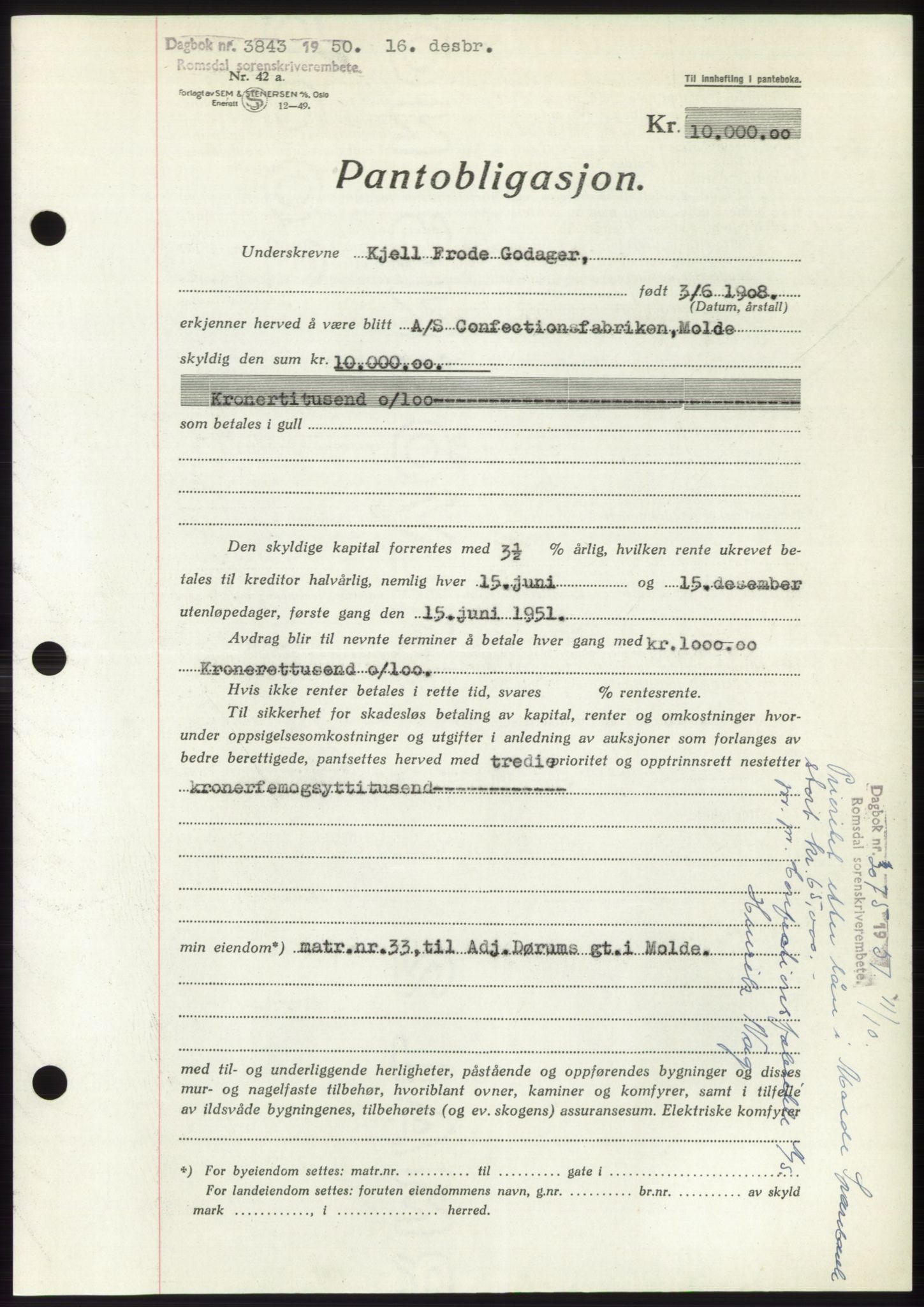 Romsdal sorenskriveri, AV/SAT-A-4149/1/2/2C: Pantebok nr. B5, 1949-1950, Dagboknr: 3843/1950