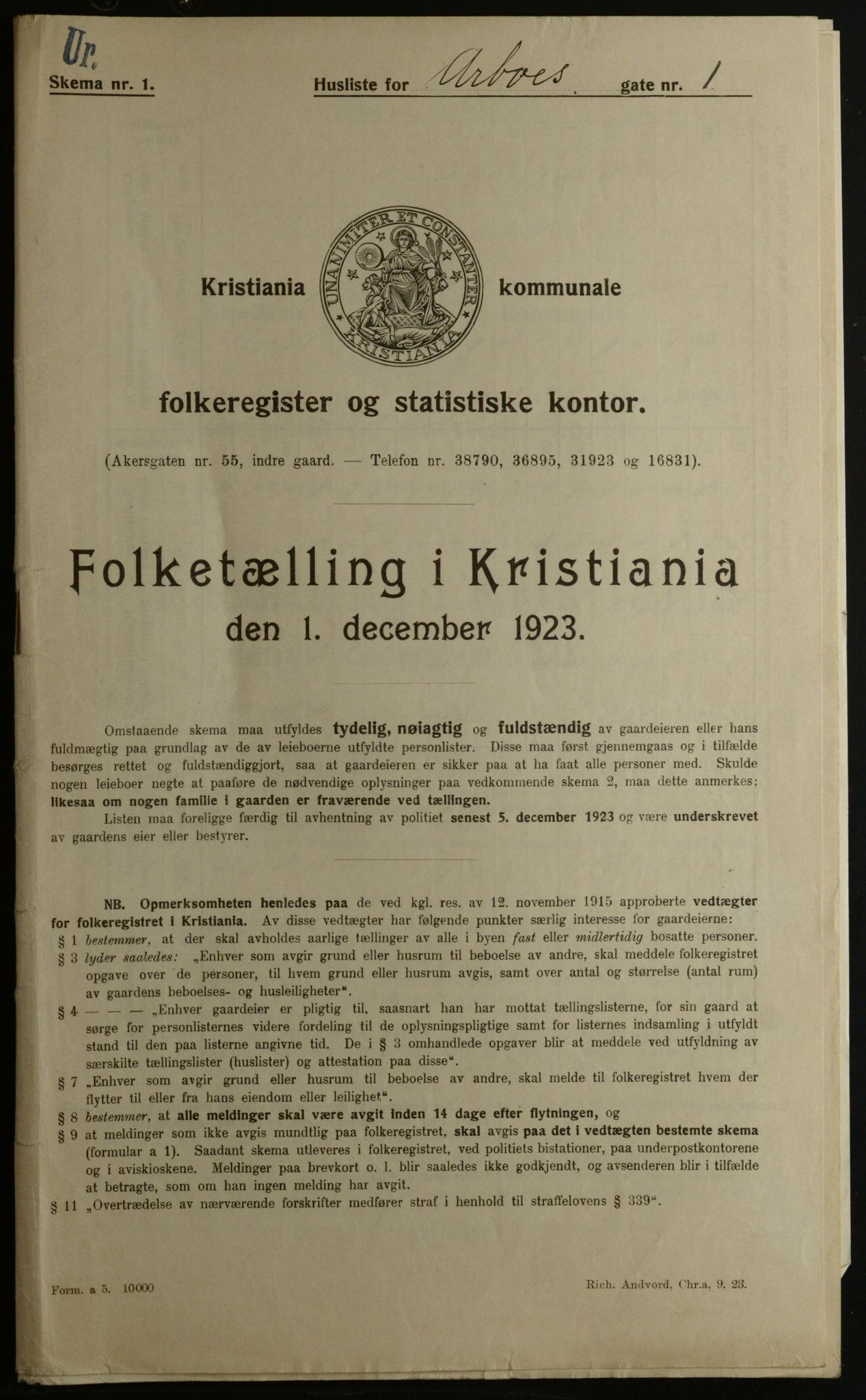 OBA, Kommunal folketelling 1.12.1923 for Kristiania, 1923, s. 1933