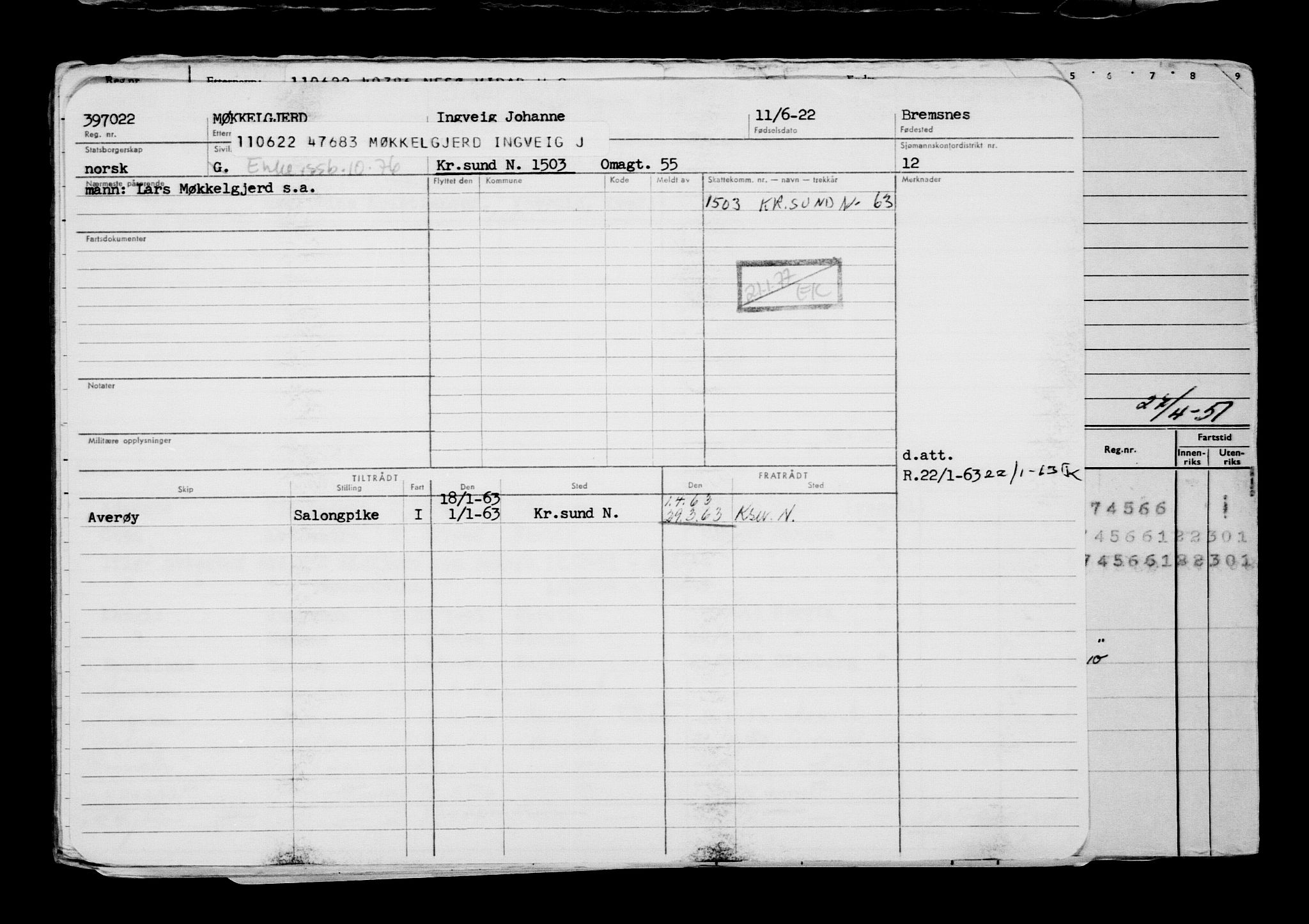 Direktoratet for sjømenn, AV/RA-S-3545/G/Gb/L0207: Hovedkort, 1922, s. 433