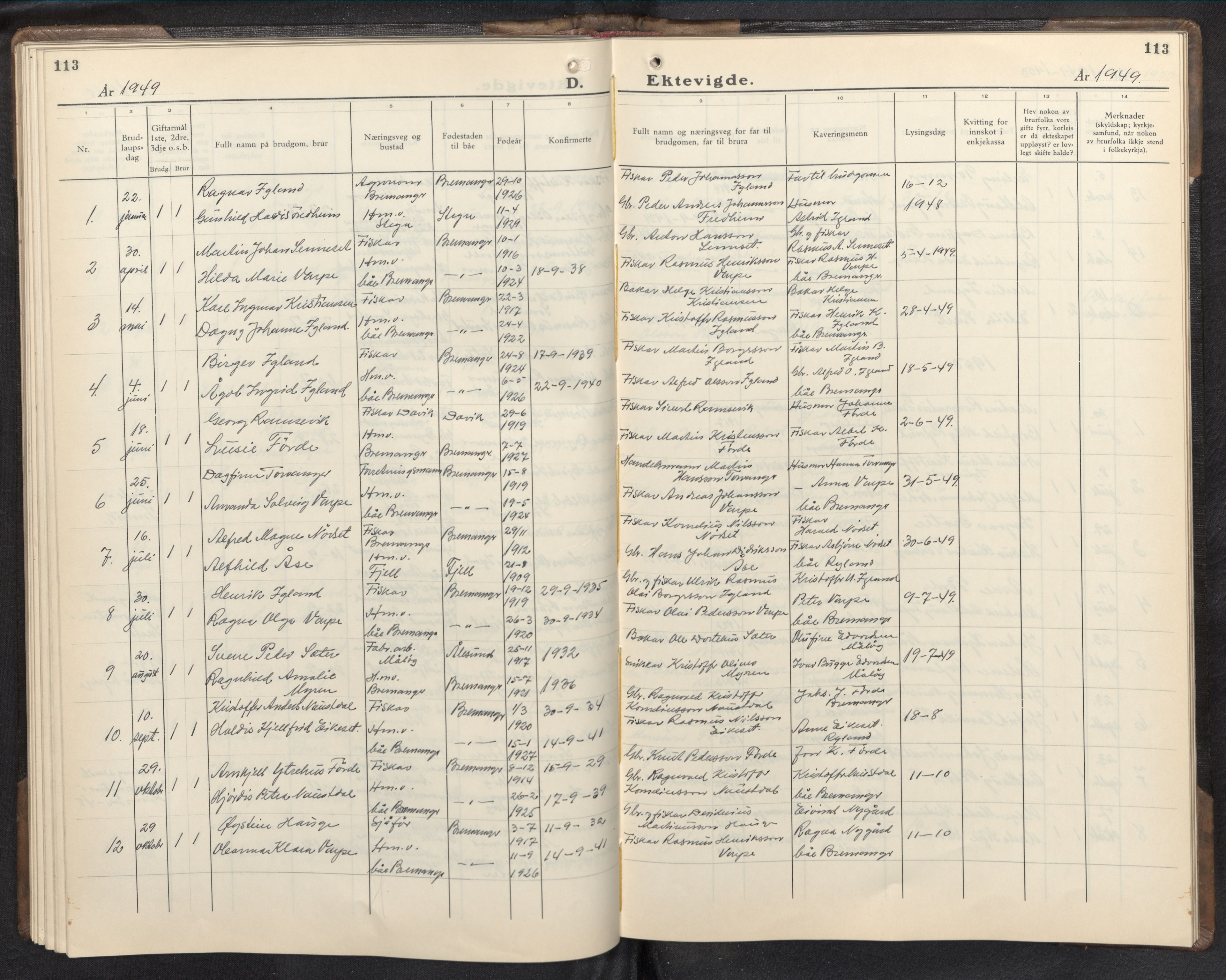Bremanger sokneprestembete, AV/SAB-A-82201/H/Hab/Habc/L0003: Klokkerbok nr. C 3, 1936-1952, s. 113