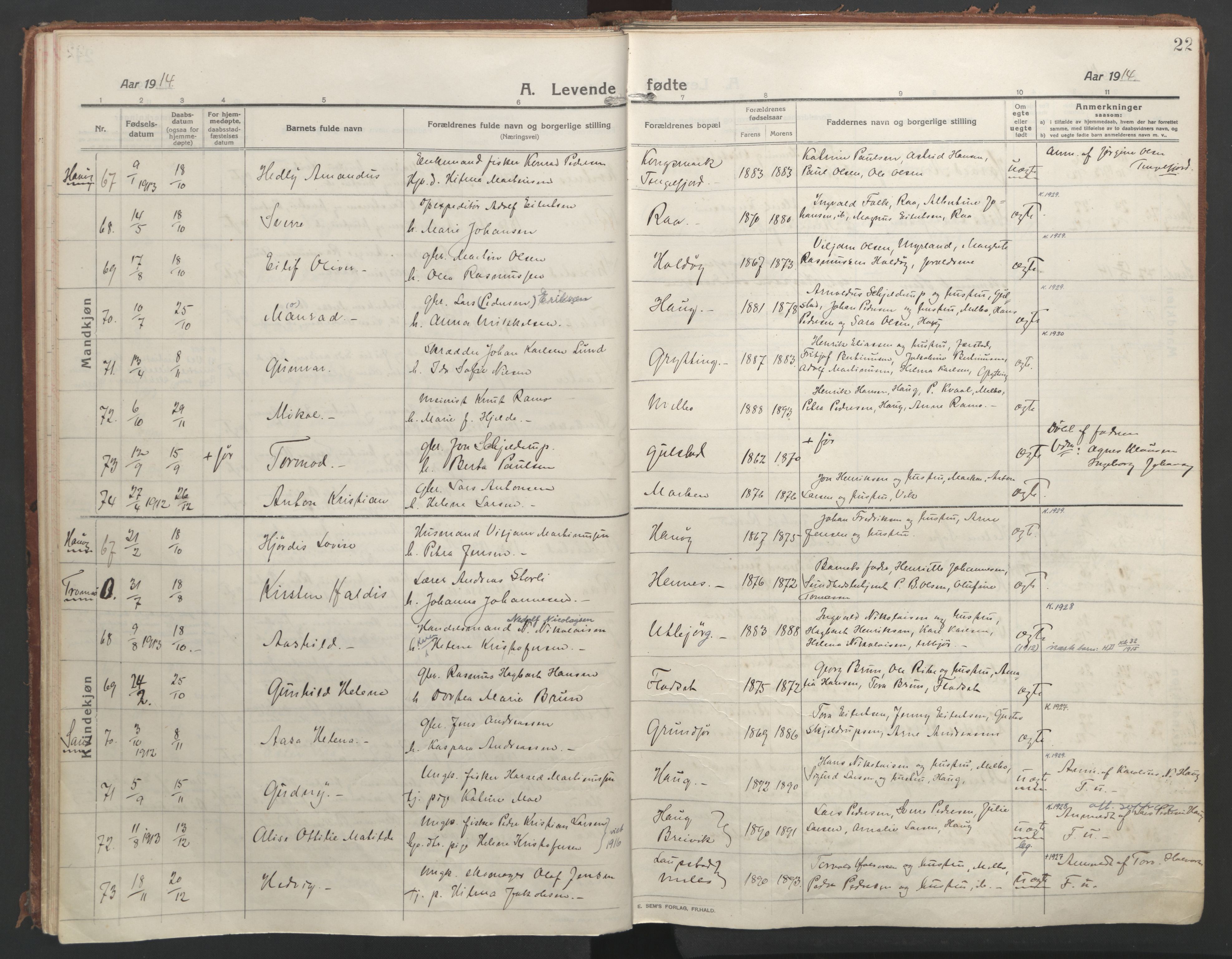 Ministerialprotokoller, klokkerbøker og fødselsregistre - Nordland, AV/SAT-A-1459/888/L1250: Ministerialbok nr. 888A16, 1913-1925, s. 22