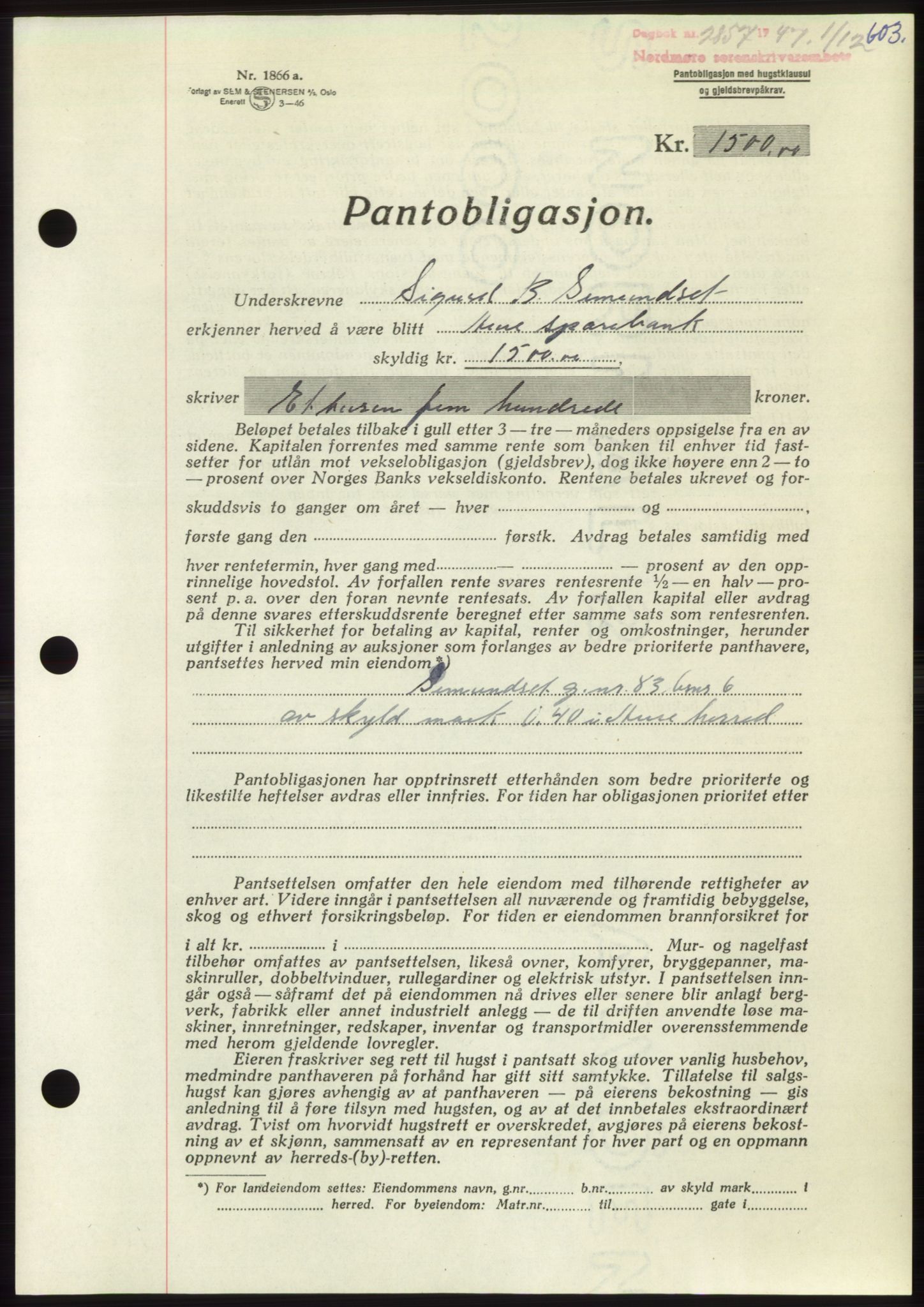 Nordmøre sorenskriveri, AV/SAT-A-4132/1/2/2Ca: Pantebok nr. B97, 1947-1948, Dagboknr: 2857/1947