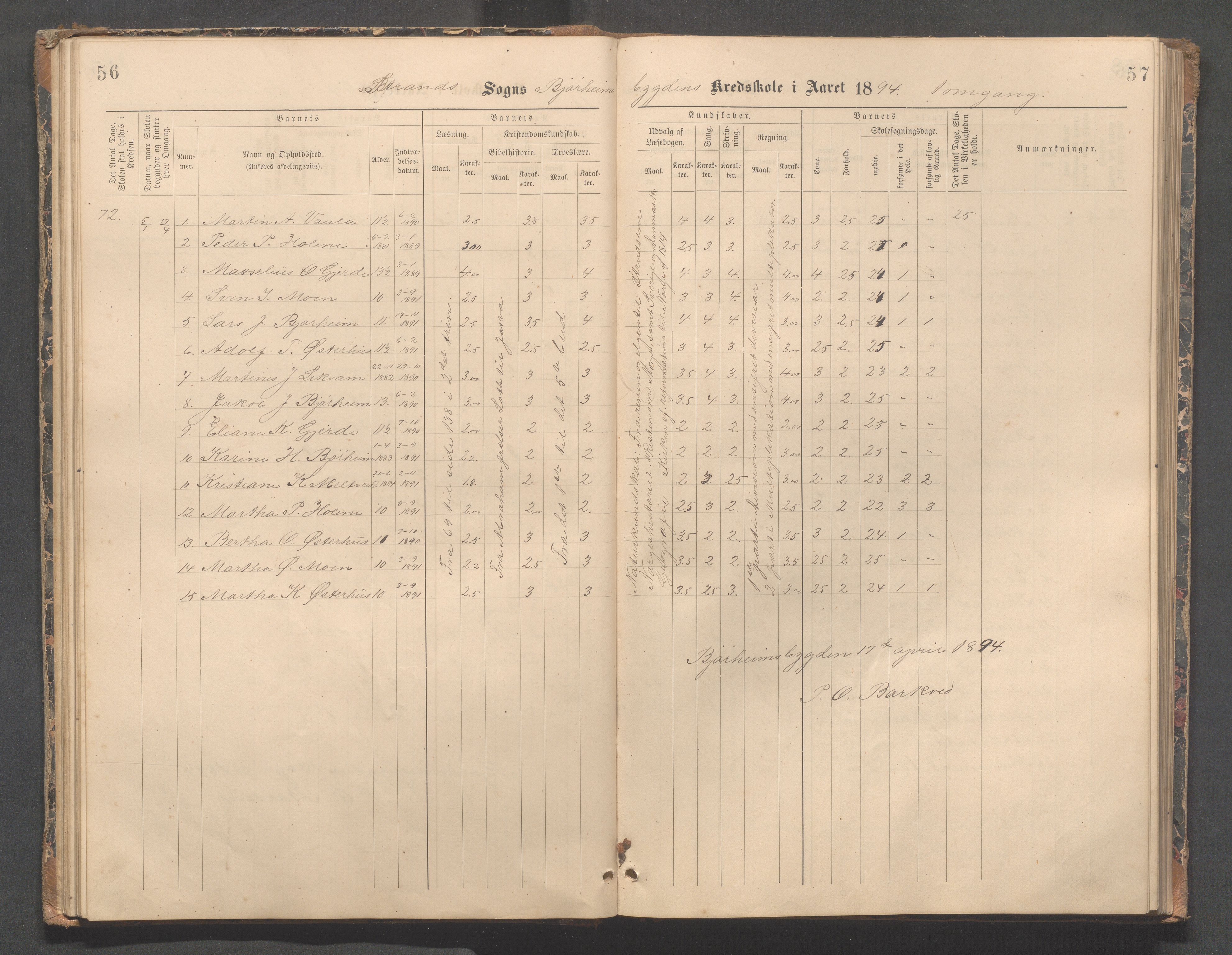 Strand kommune - Bjørheimsbygd skole, IKAR/A-147/H/L0002: Skoleprotokoll for Bjørheimsbygd og Lekvam krets, 1891-1907, s. 56-57