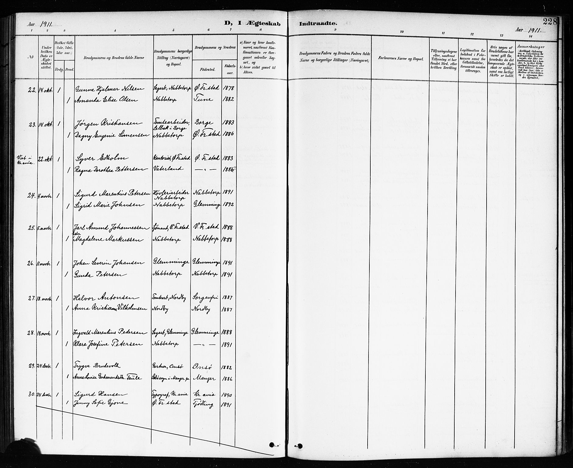 Østre Fredrikstad prestekontor Kirkebøker, SAO/A-10907/G/Ga/L0002: Klokkerbok nr. 2, 1900-1919, s. 228