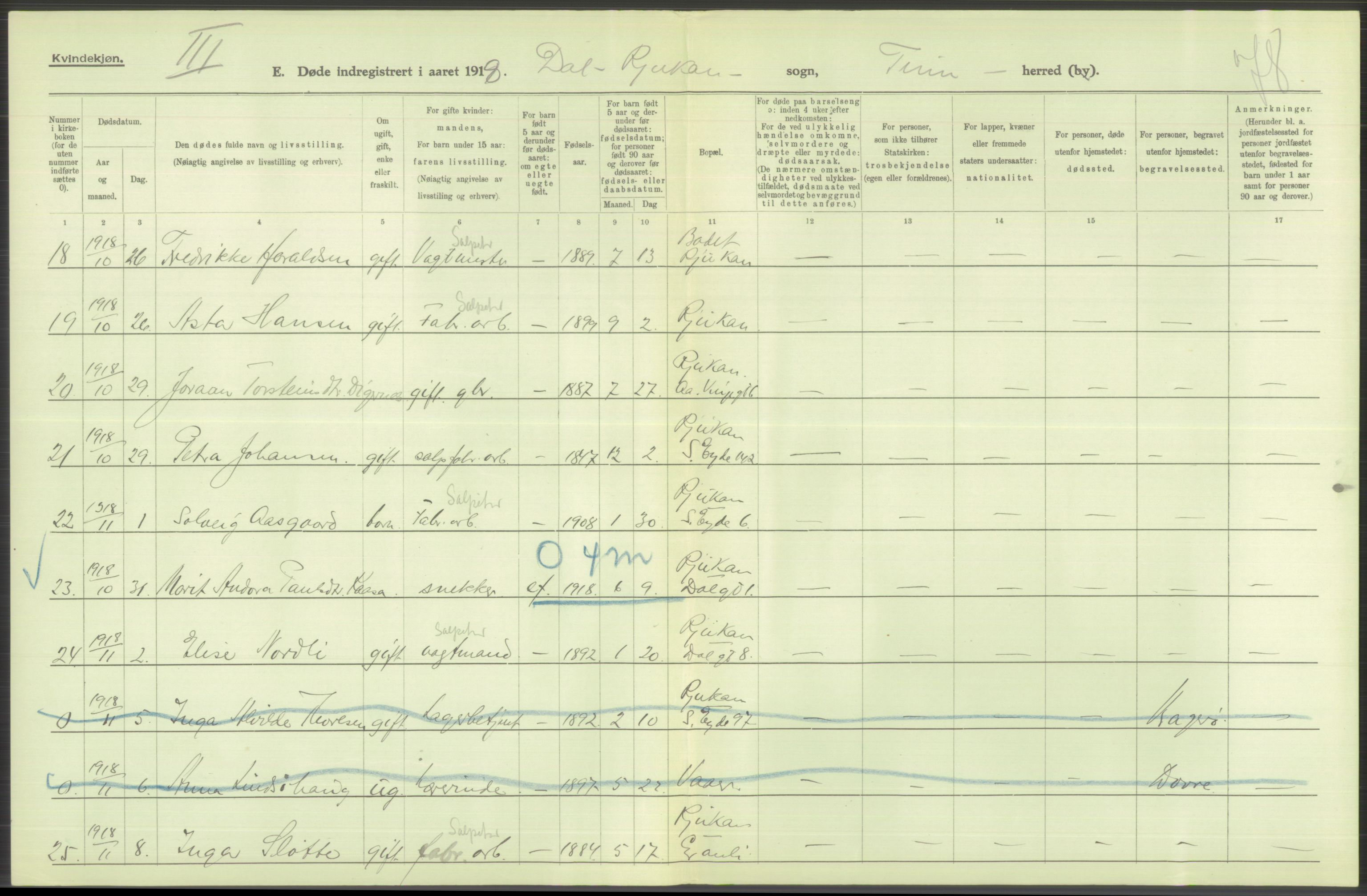 Statistisk sentralbyrå, Sosiodemografiske emner, Befolkning, AV/RA-S-2228/D/Df/Dfb/Dfbh/L0026: Telemark fylke: Døde. Bygder og byer., 1918, s. 272