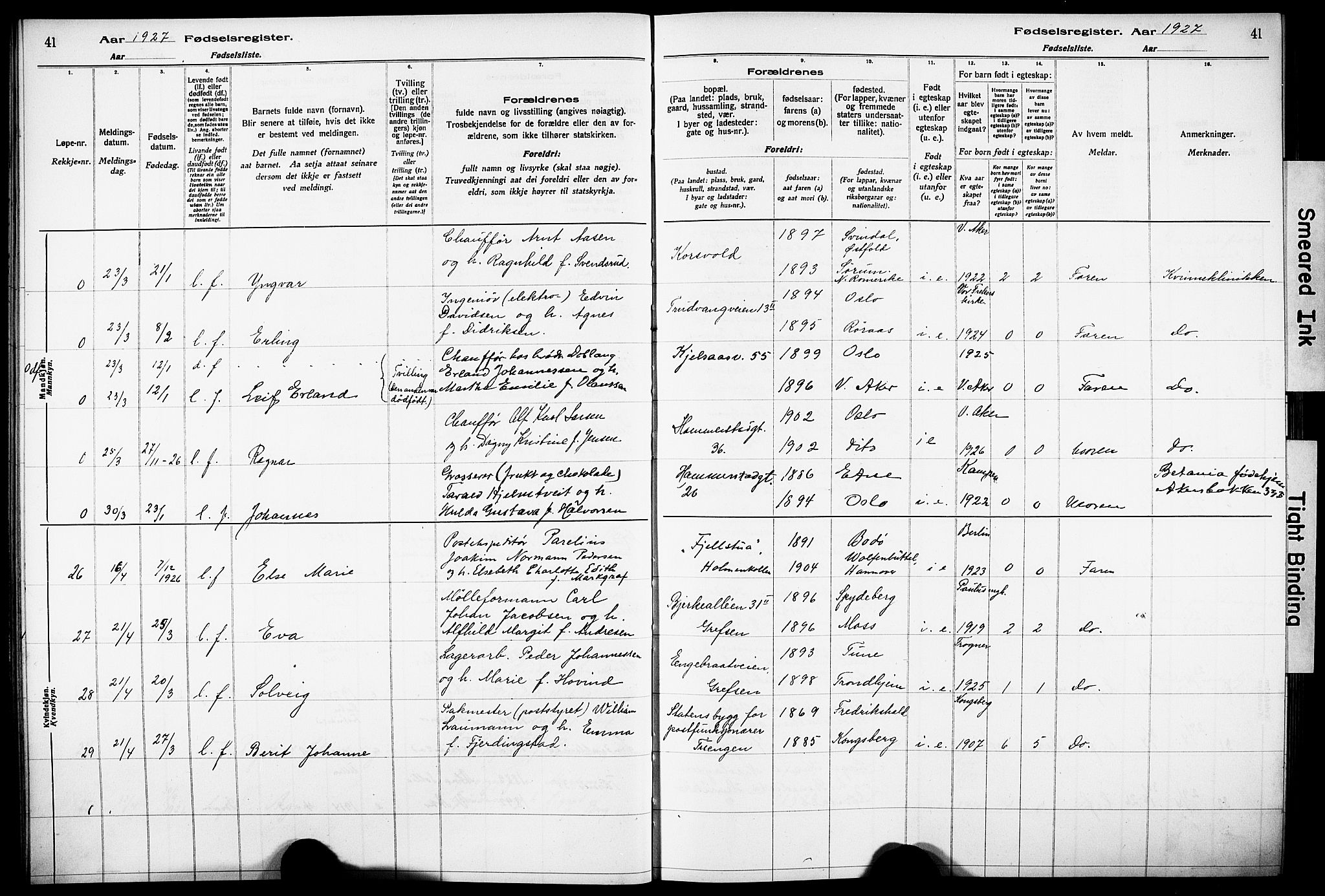 Vestre Aker prestekontor Kirkebøker, AV/SAO-A-10025/J/Ja/L0003: Fødselsregister nr. 3, 1926-1930, s. 41