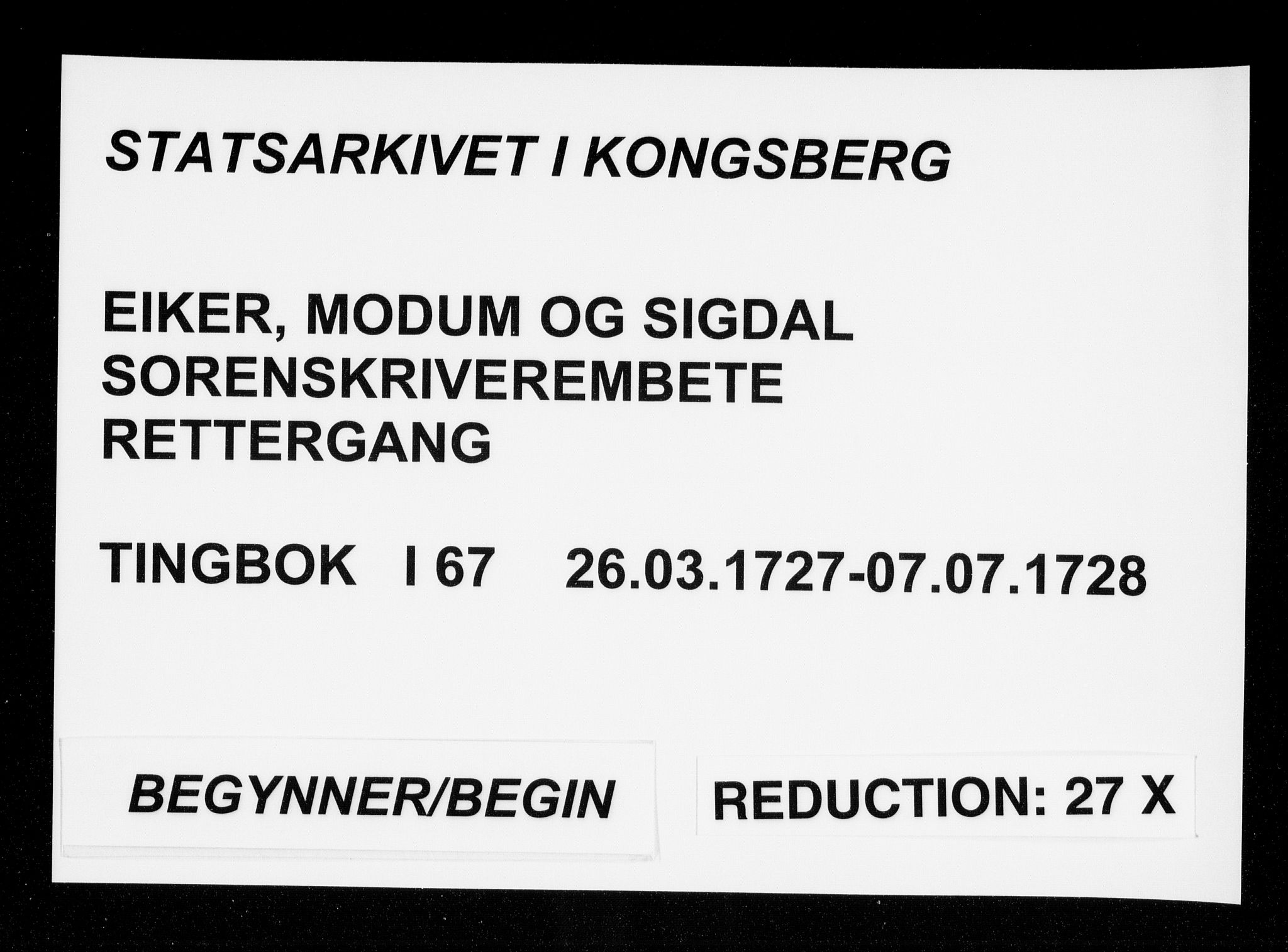 Eiker, Modum og Sigdal sorenskriveri, AV/SAKO-A-123/F/Fa/Faa/L0067: Tingbok, 1727-1728