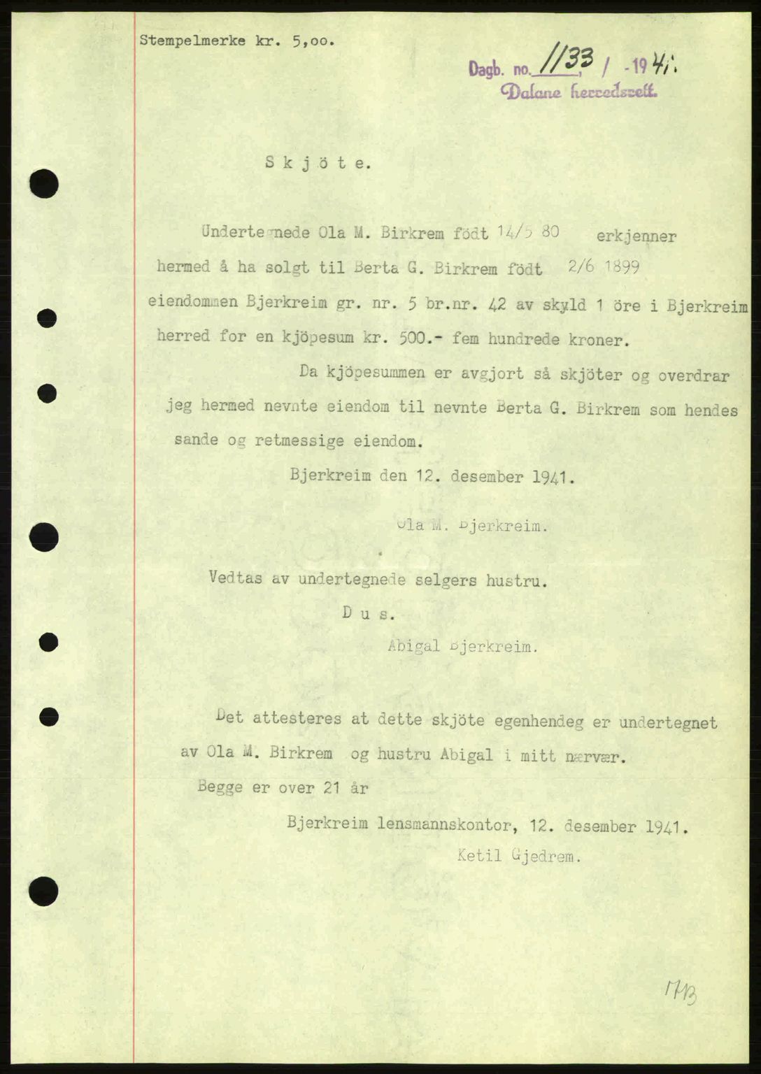 Dalane sorenskriveri, SAST/A-100309/02/G/Gb/L0045: Pantebok nr. A6, 1941-1942, Dagboknr: 1133/1941