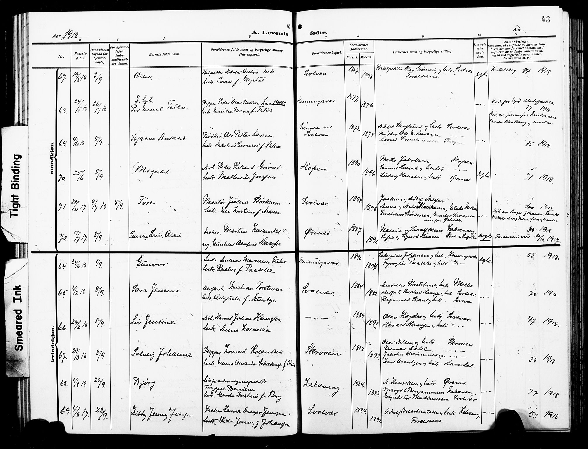 Ministerialprotokoller, klokkerbøker og fødselsregistre - Nordland, AV/SAT-A-1459/874/L1080: Klokkerbok nr. 874C09, 1915-1925, s. 43