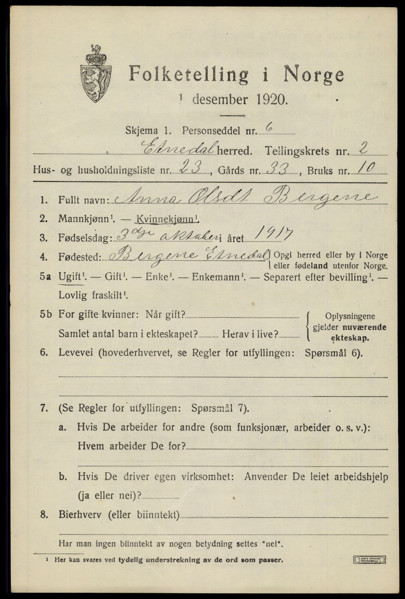 SAH, Folketelling 1920 for 0541 Etnedal herred, 1920, s. 1284