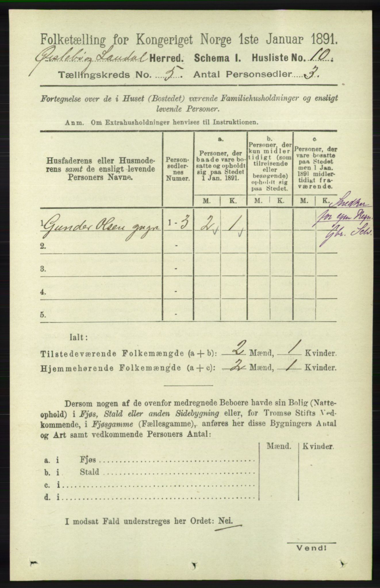 RA, Folketelling 1891 for 1021 Øyslebø og Laudal herred, 1891, s. 1285