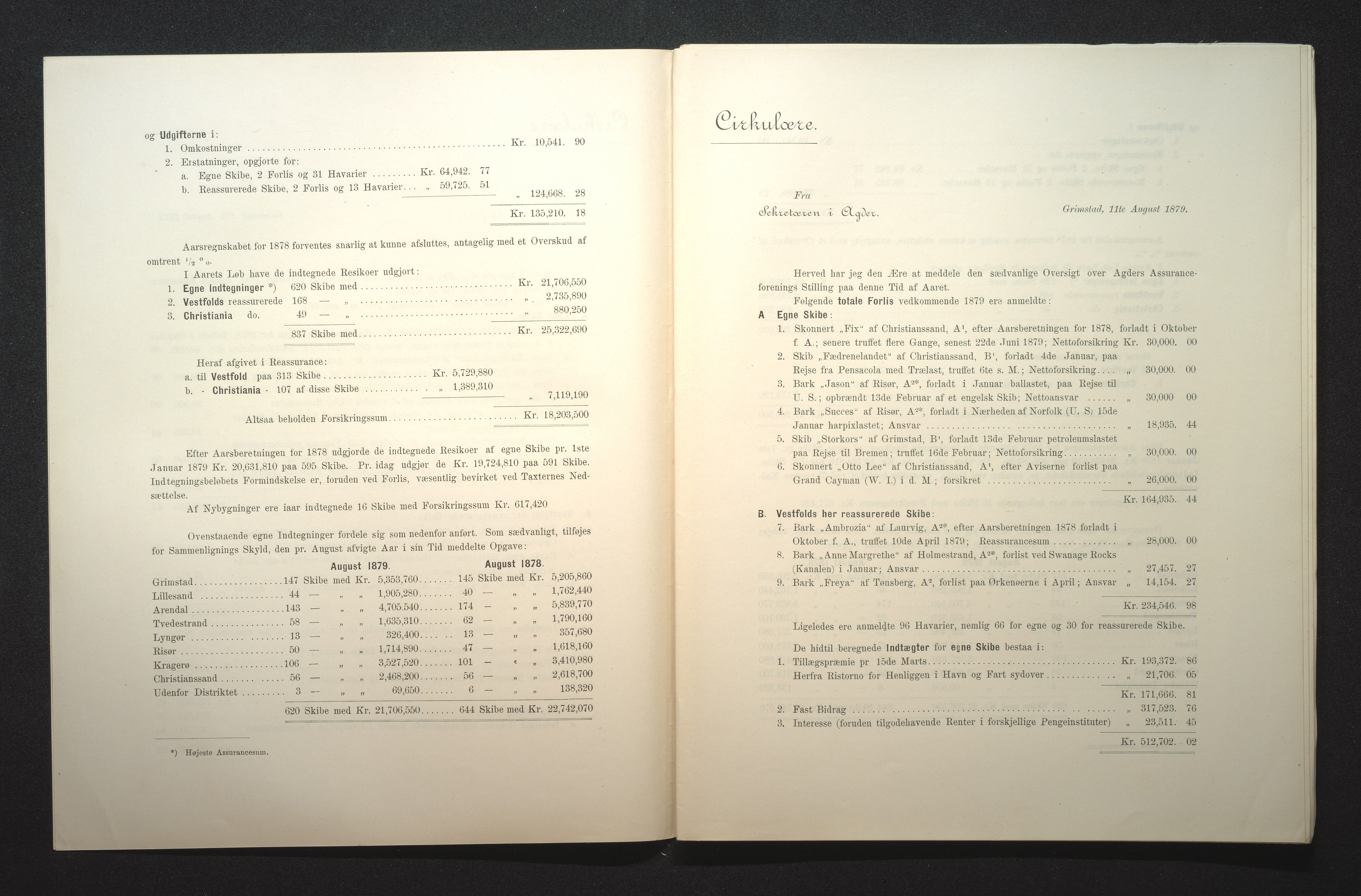 Agders Gjensidige Assuranceforening, AAKS/PA-1718/05/L0001: Regnskap, seilavdeling, pakkesak, 1855-1880