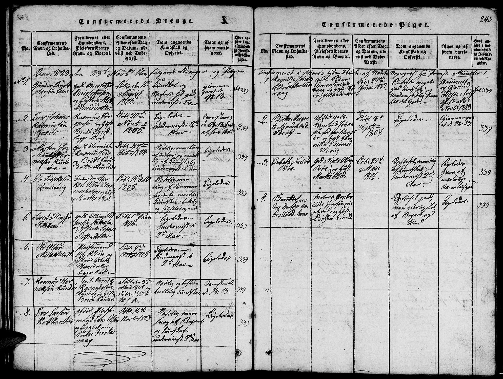 Ministerialprotokoller, klokkerbøker og fødselsregistre - Møre og Romsdal, SAT/A-1454/507/L0078: Klokkerbok nr. 507C01, 1816-1840, s. 243