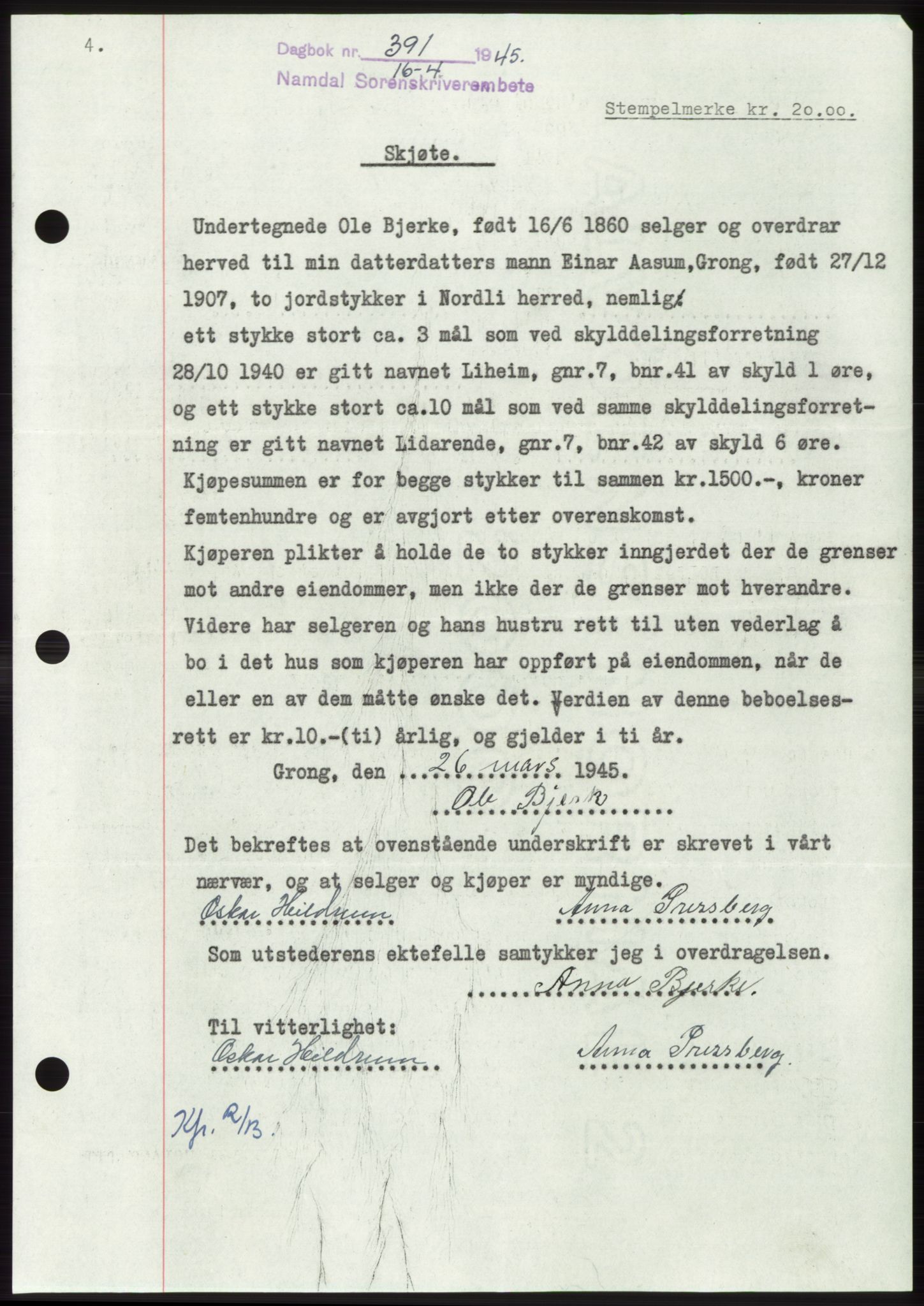 Namdal sorenskriveri, SAT/A-4133/1/2/2C: Pantebok nr. -, 1944-1945, Dagboknr: 391/1945