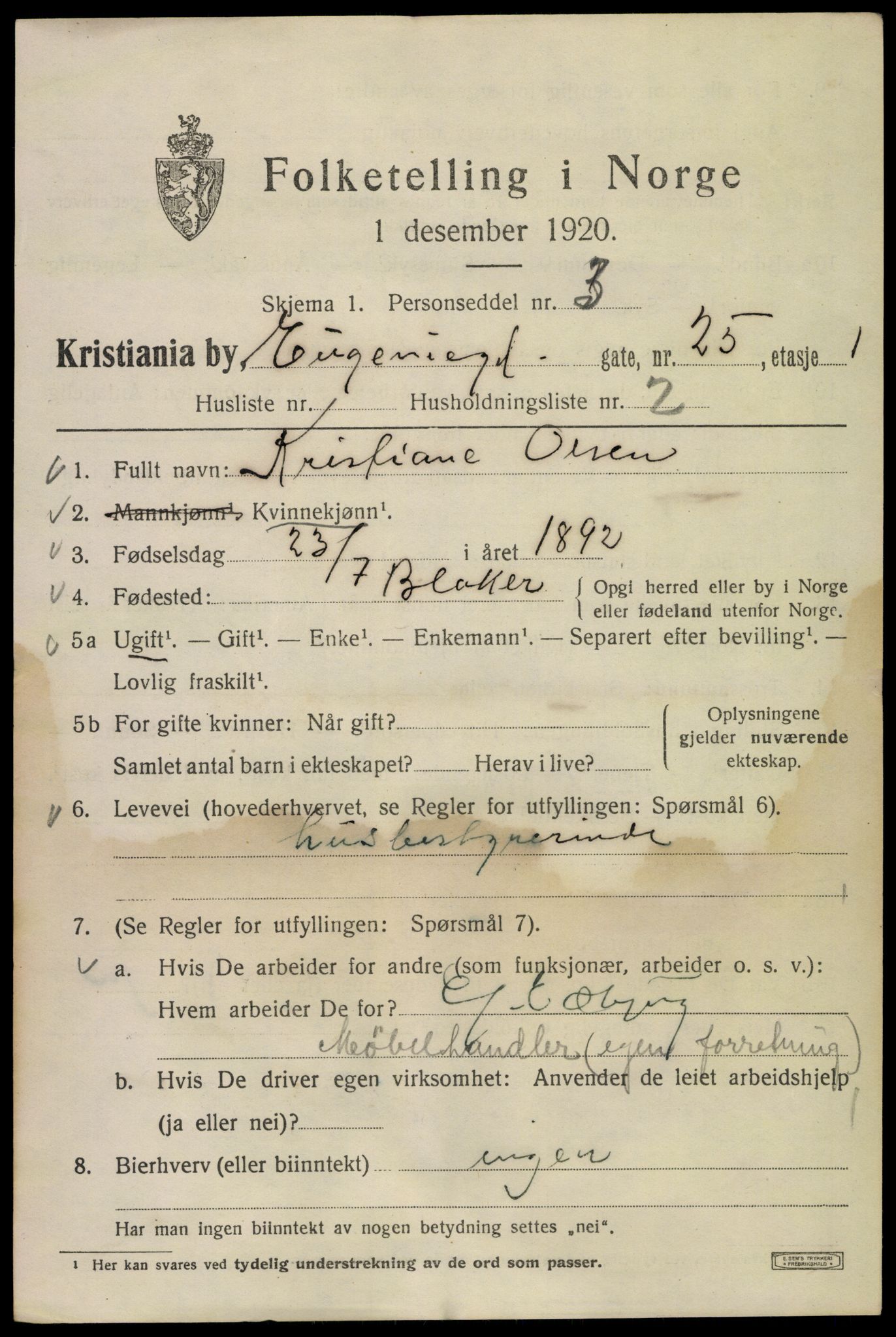 SAO, Folketelling 1920 for 0301 Kristiania kjøpstad, 1920, s. 224713