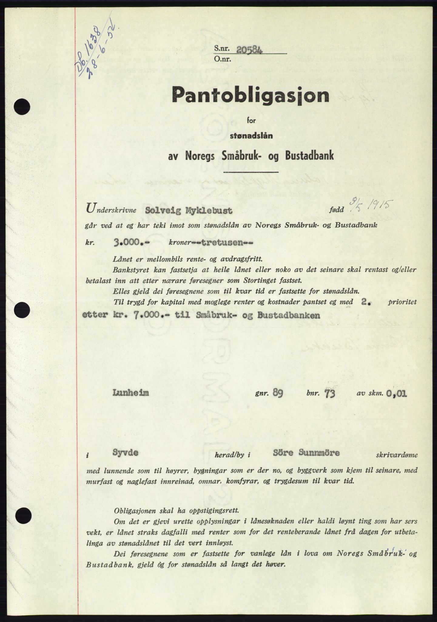Søre Sunnmøre sorenskriveri, SAT/A-4122/1/2/2C/L0125: Pantebok nr. 13B, 1954-1954, Dagboknr: 1638/1954