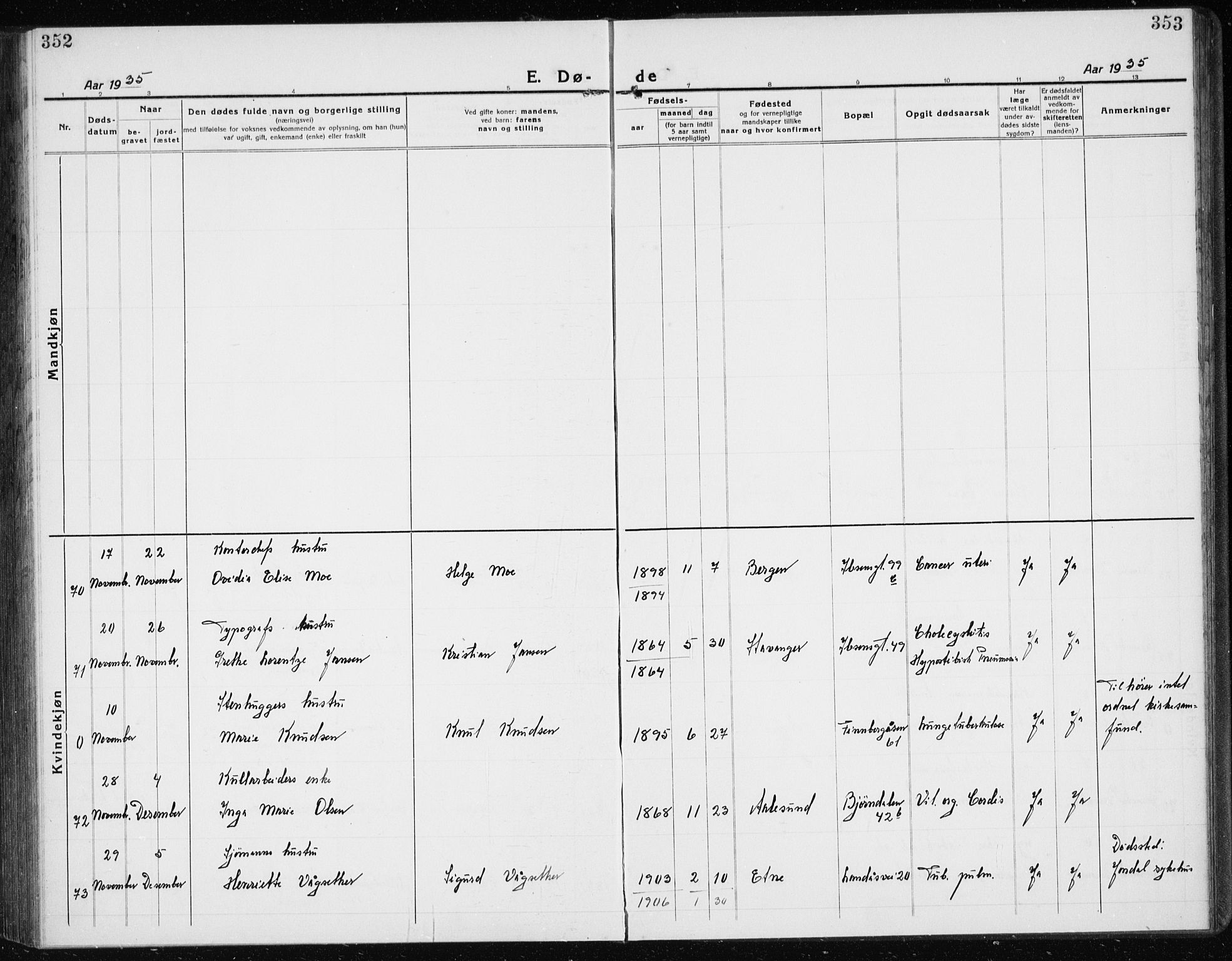 Årstad Sokneprestembete, AV/SAB-A-79301/H/Hab/L0025: Klokkerbok nr. D 2, 1922-1940, s. 352-353