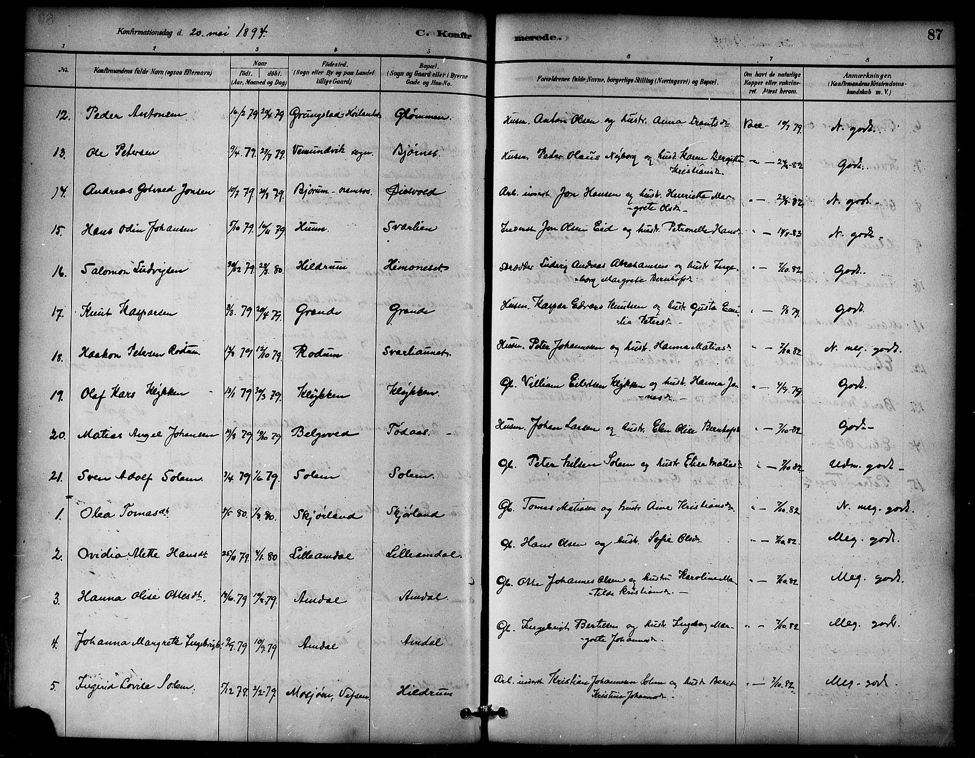 Ministerialprotokoller, klokkerbøker og fødselsregistre - Nord-Trøndelag, AV/SAT-A-1458/764/L0555: Ministerialbok nr. 764A10, 1881-1896, s. 87