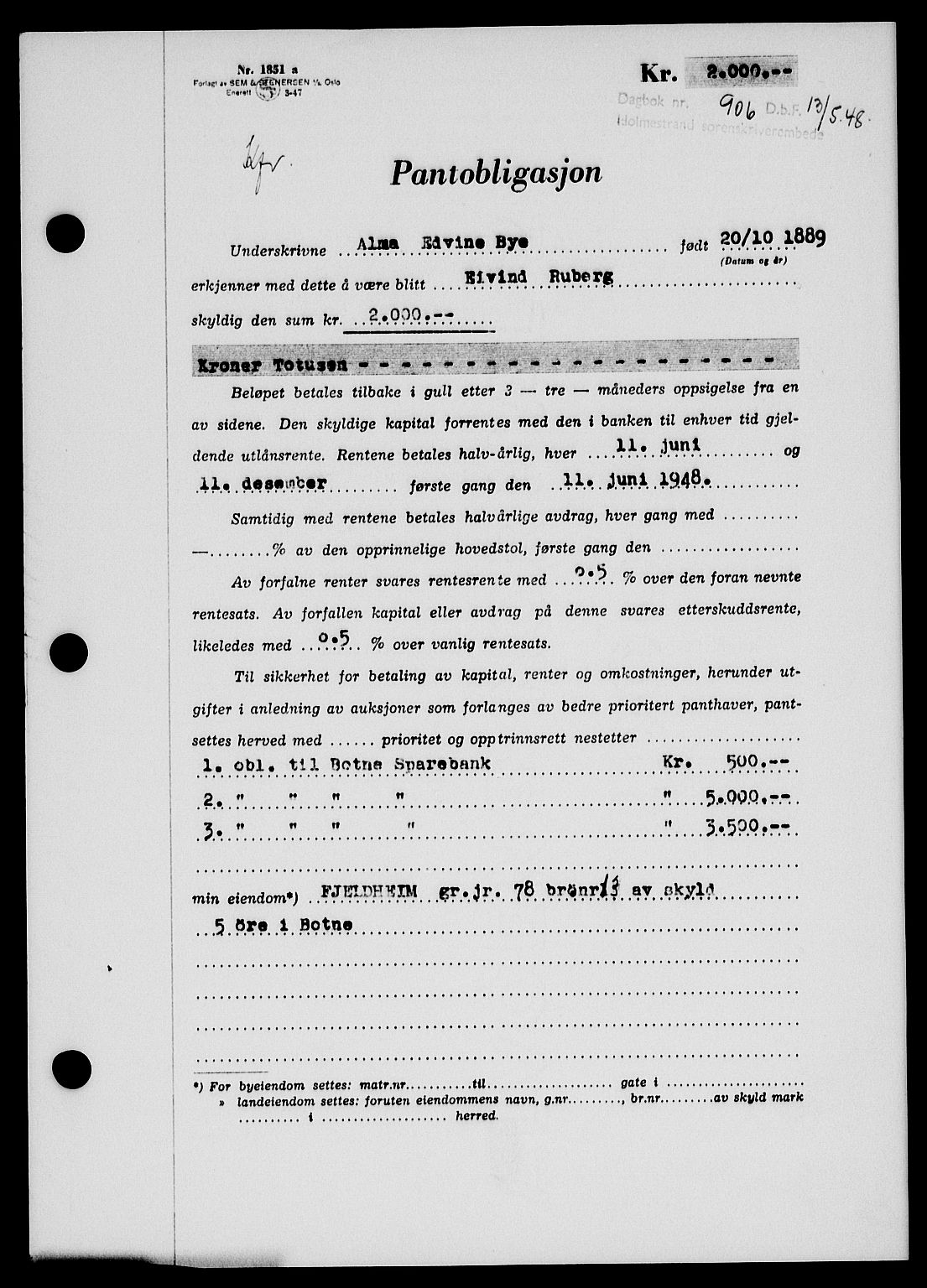 Holmestrand sorenskriveri, SAKO/A-67/G/Ga/Gab/L0058: Pantebok nr. B-58, 1947-1948, Dagboknr: 906/1948