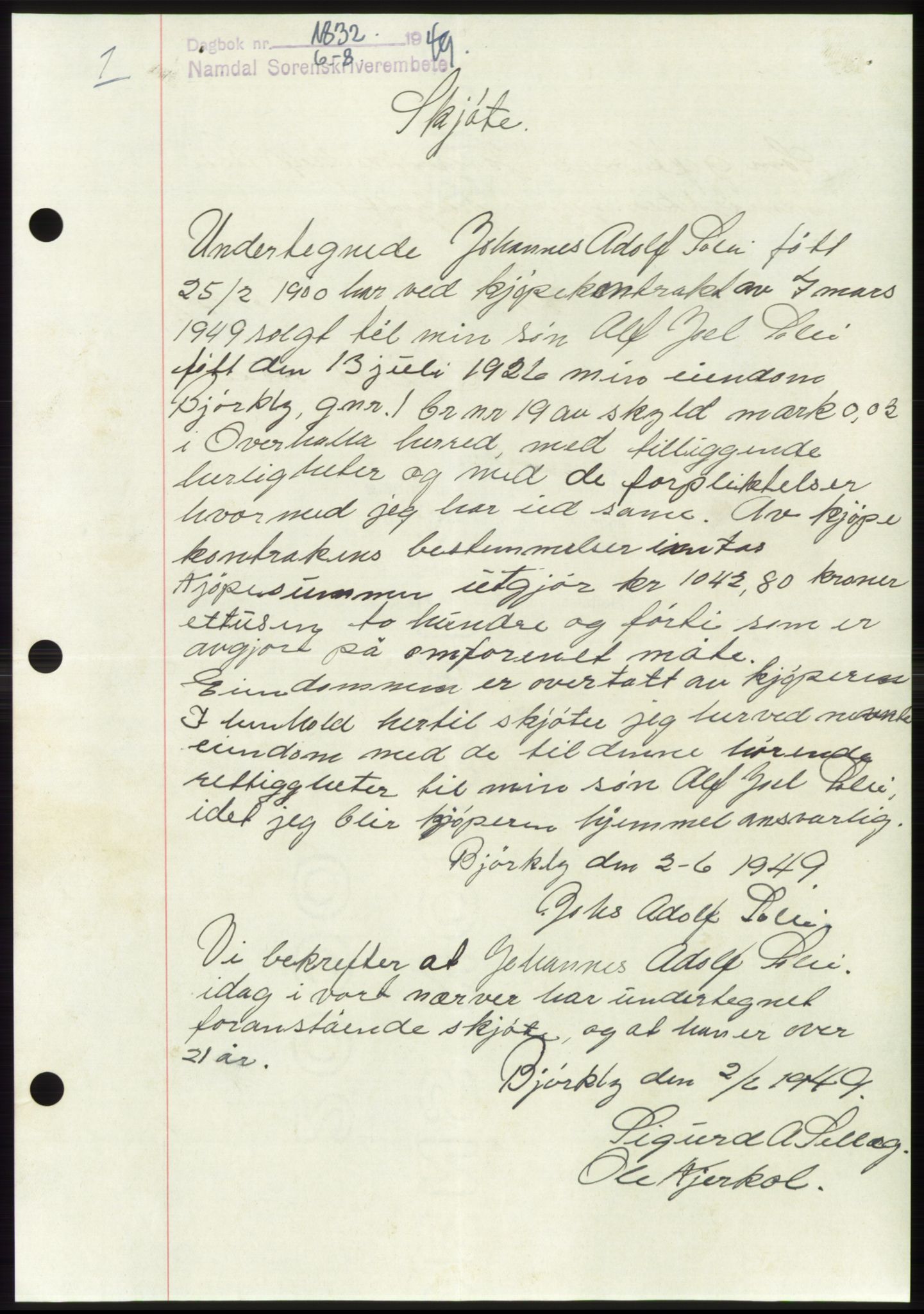 Namdal sorenskriveri, SAT/A-4133/1/2/2C: Pantebok nr. -, 1949-1949, Dagboknr: 1832/1949