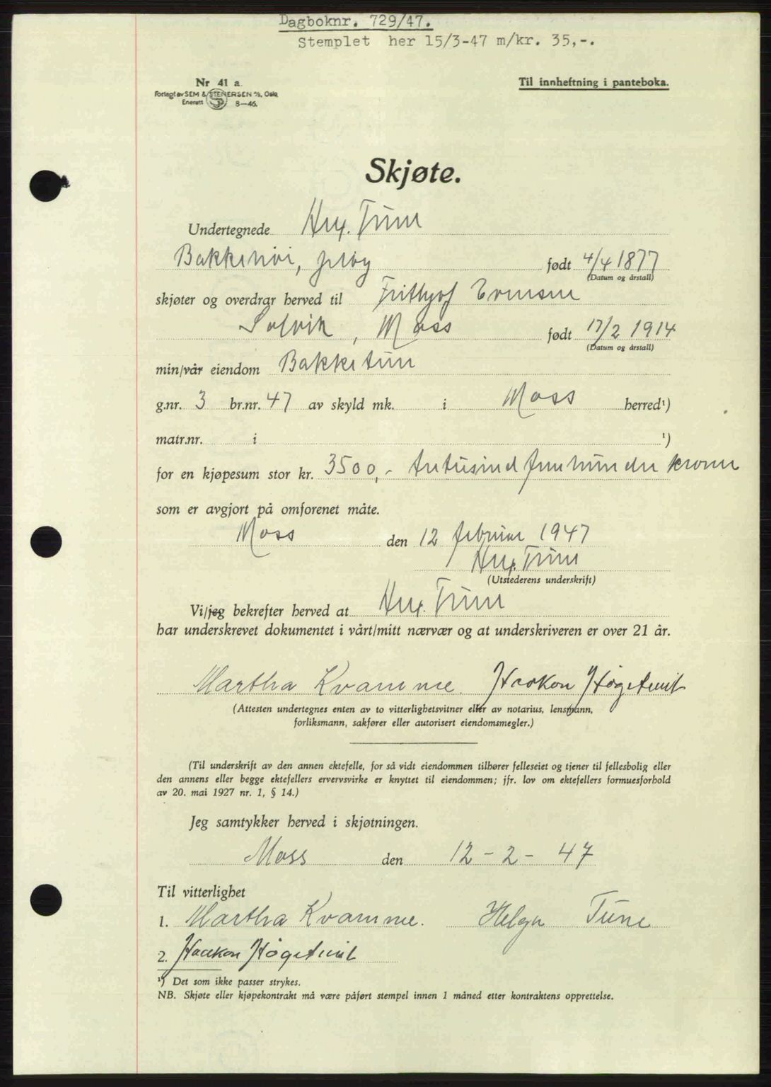 Moss sorenskriveri, SAO/A-10168: Pantebok nr. A17, 1947-1947, Dagboknr: 729/1947